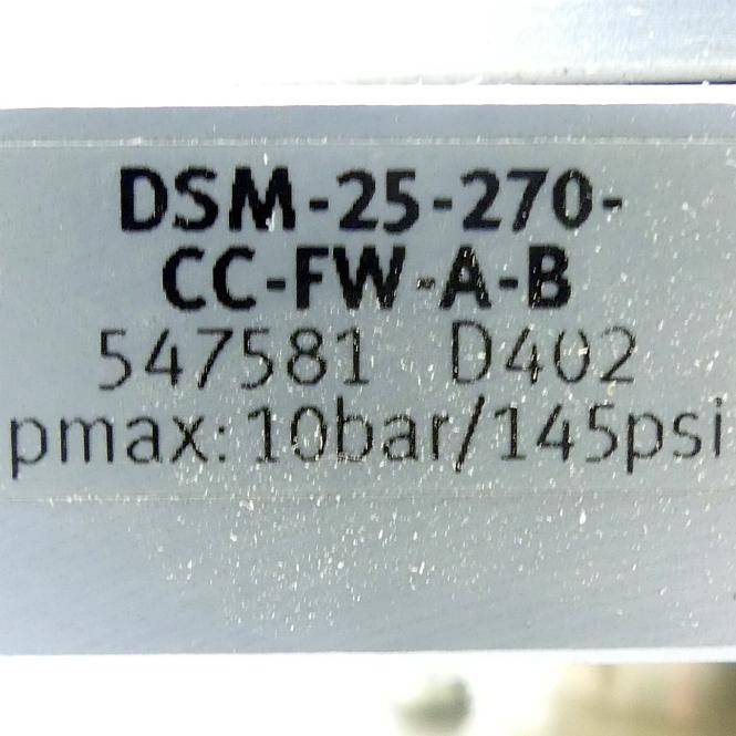 Nahaufnahme eines Produktetiketts mit der Aufschrift „DSM-25-270-CC-FW-A-B", „547581 D402"" und „pmax: 10bar/145psi"".