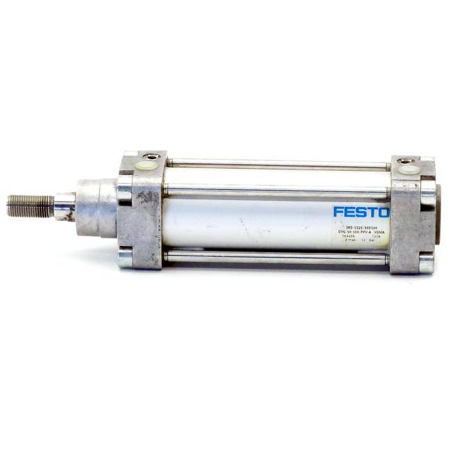 Industrieller pneumatischer Zylinder mit Gewindestange und Festo-Branding, dargestellt auf weißem Hintergrund.