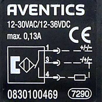 AVENTICS Etikett für Elektrogerät mit Angaben 12-30VAC/12-36VDC, max 0,13A, CE-Kennzeichnung, Schaltplan und Teilenummer 0830100469 mit Code 7290.