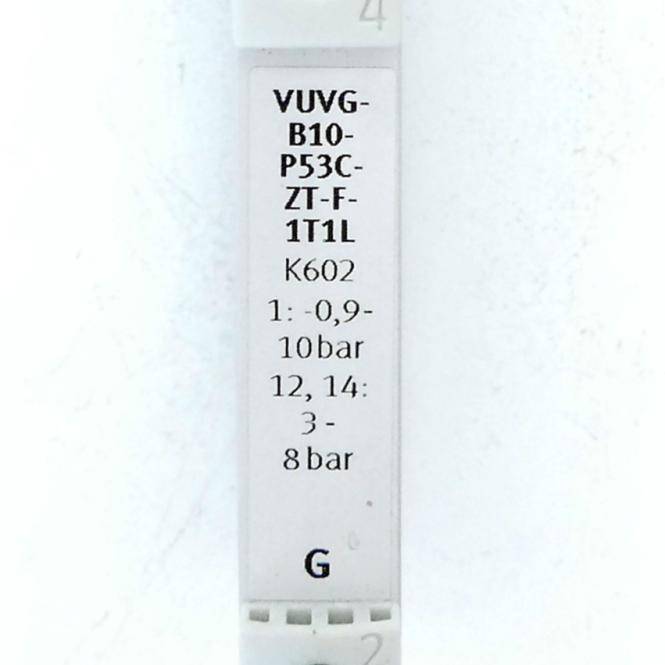 Nahaufnahme eines weißen Pneumatik-Ventiletikett mit Modell "VUVG-B10-P53C-ZT-F-1T1L"", Code K602 und Druckbereiche 0,9-10 bar und 3-8 bar.