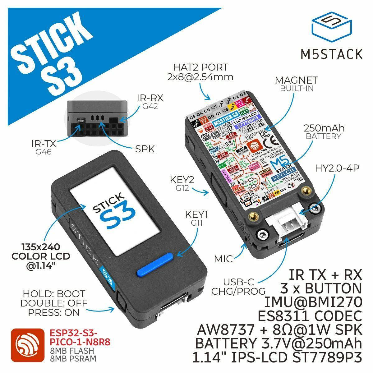 M5stack M5StickS3 ESP32S3 Mini IoT Dev Kit, 8MB Flash, 8MB PSRAM, 1,14 Zoll LCD, WiFi 2,4 GHz, 5V