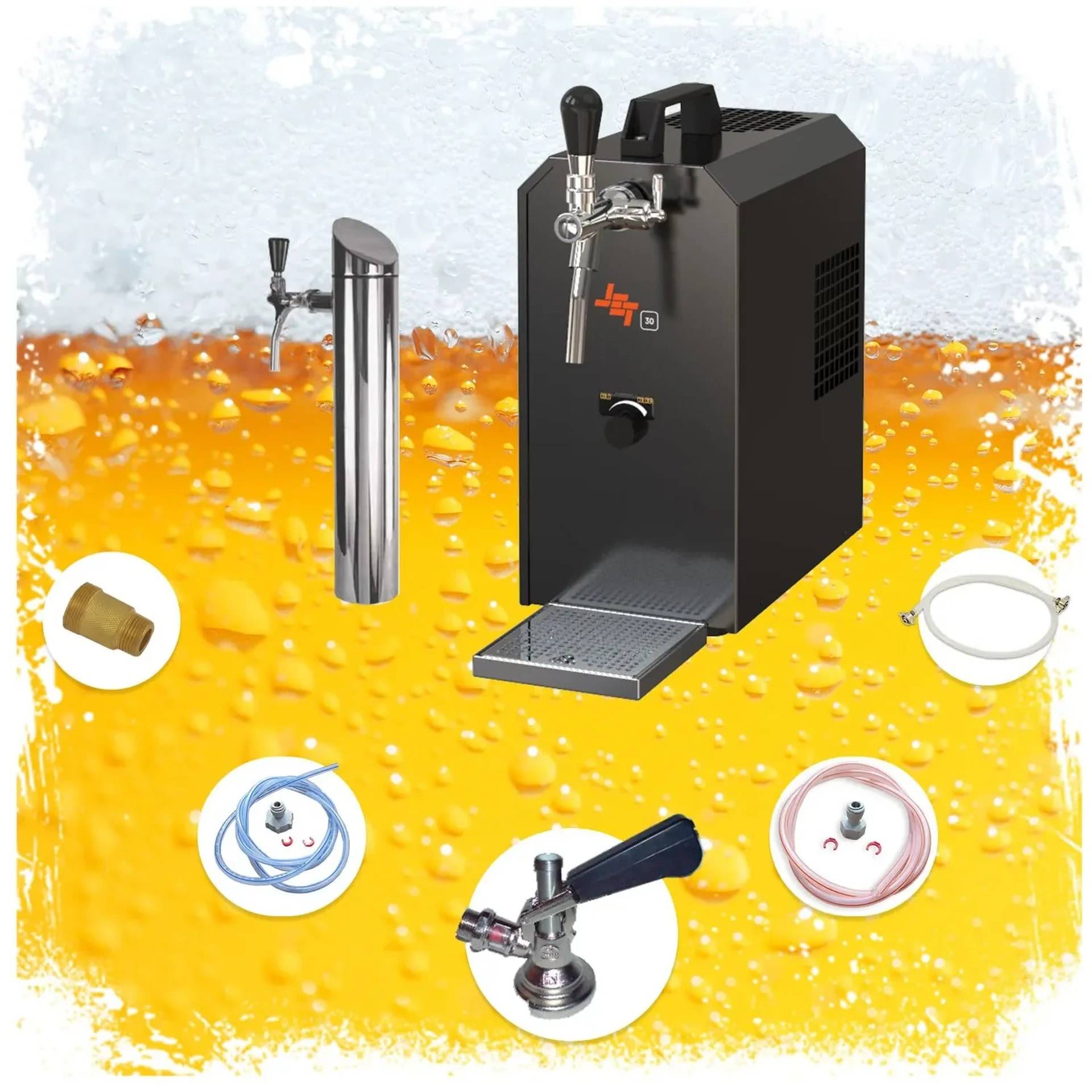 Schwarze Thekenbier-Zapfanlage mit Zapfhahn, Tropfschale und CO2-ähnlichem Zylinder, gezeigt mit Bierschaum und verschiedenen Fasskupplungen/Zubehörteilen rundherum.