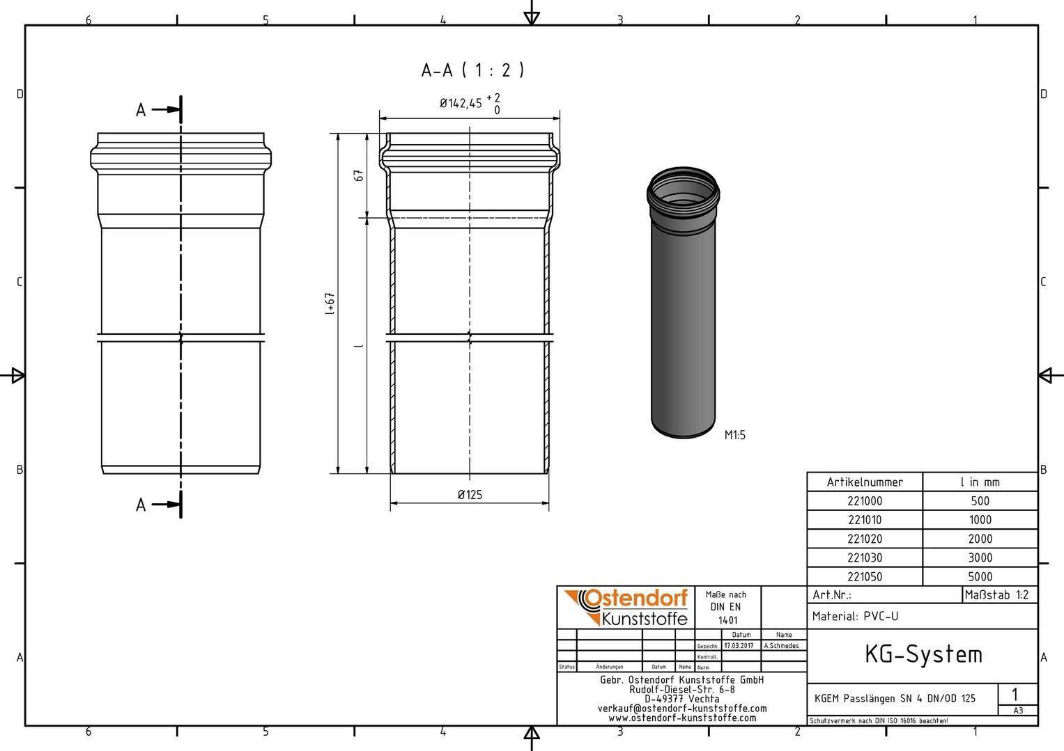 Technische Zeichnung einer PVC-U KG-System Rohrarmatur, mit Vorder- und Schnittansicht mit Abmessungen und einer mit M5 gekennzeichneten isometrischen Ansicht.