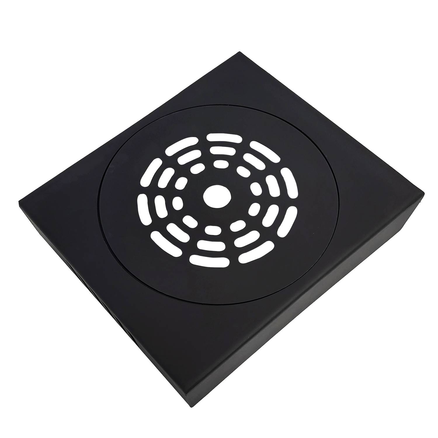 Schwarze quadratische Ablaufabdeckung mit einem kreisförmigen perforierten Muster in der Mitte, shown on a white background.
