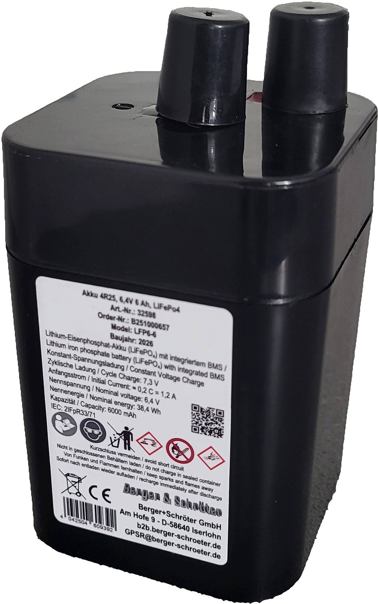 Berger & Schröter | Akku 4R25, 6,4V 6 Ah, LiFePo4 für Wild Futterautomat, 6V Blockbatterie Ersatz, Laternenakku, Campingakku, Baustellenleuchte, Bau