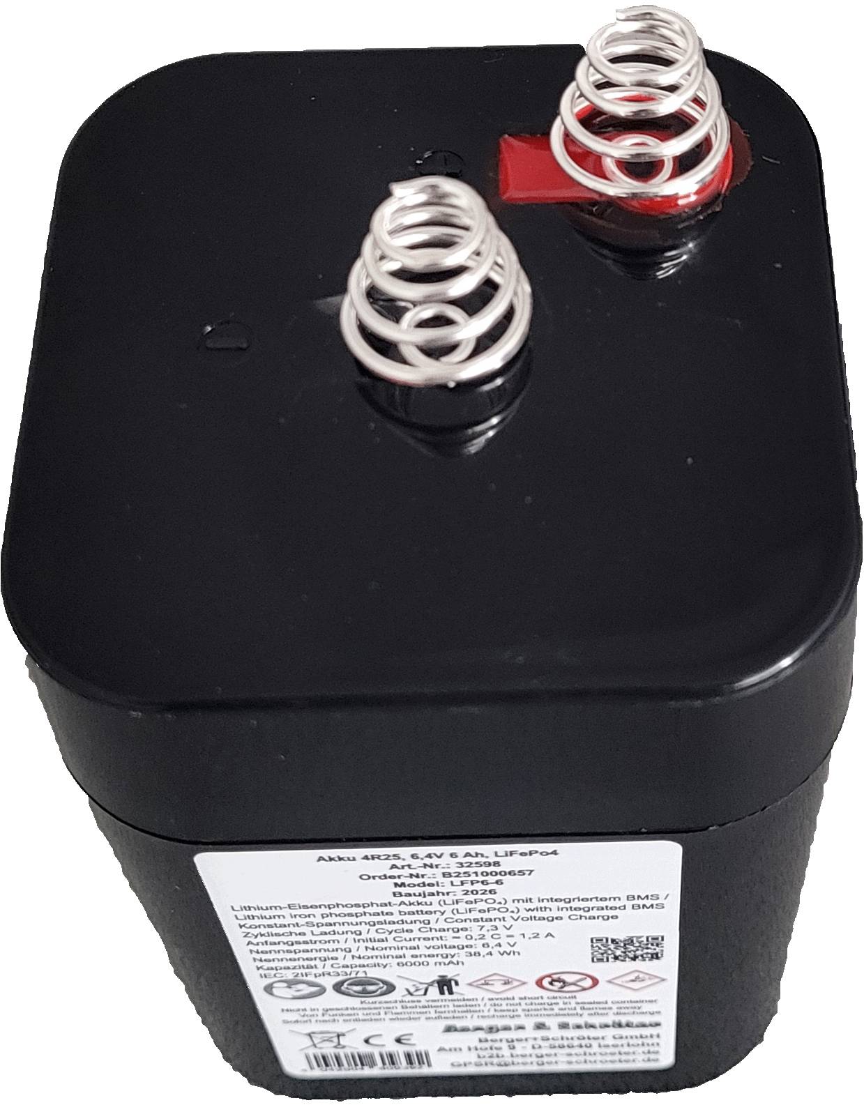 Berger & Schröter | Akku 4R25, 6,4V 6 Ah, LiFePo4 für Wild Futterautomat, 6V Blockbatterie Ersatz, Laternenakku, Campingakku, Baustellenleuchte, Bau