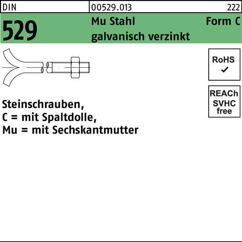 Steinschraube DIN 529 m.Spaltdolle/6-kantmutter CM 24x350 Mu 3.6galv.verz. 5St.