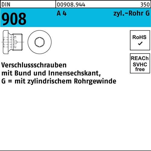 Verschlußschraube DIN 908 m.Bund/Innen-6-kant G 1/4 A A 4 25 Stück