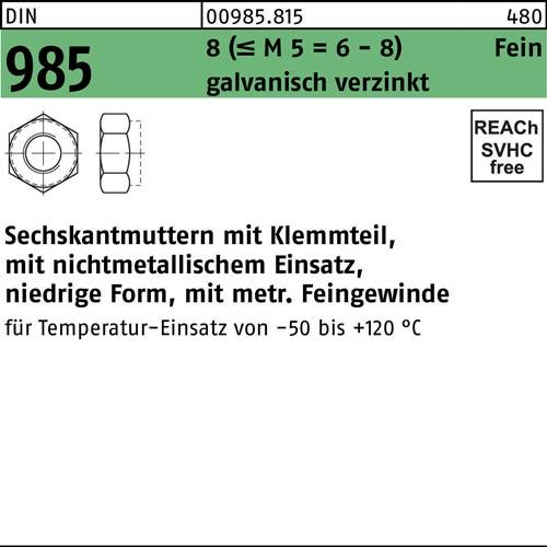 Sechskantmutter DIN 985 m.Klemmteil M 33 x 2 8 (=M 5 = 6/8 )galv.verz. 10 Stück