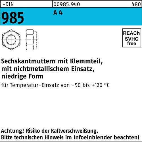 Sechskantmutter DIN 985 m.Klemmteil M 20 A 4 25 Stück