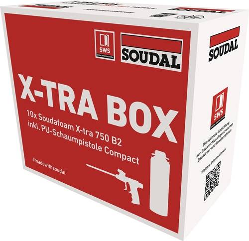 1K-Pistolenschaum SOUDAFOAM X-TRA Box 10 Dosen+PU-Schaumpistole B2 Krt.