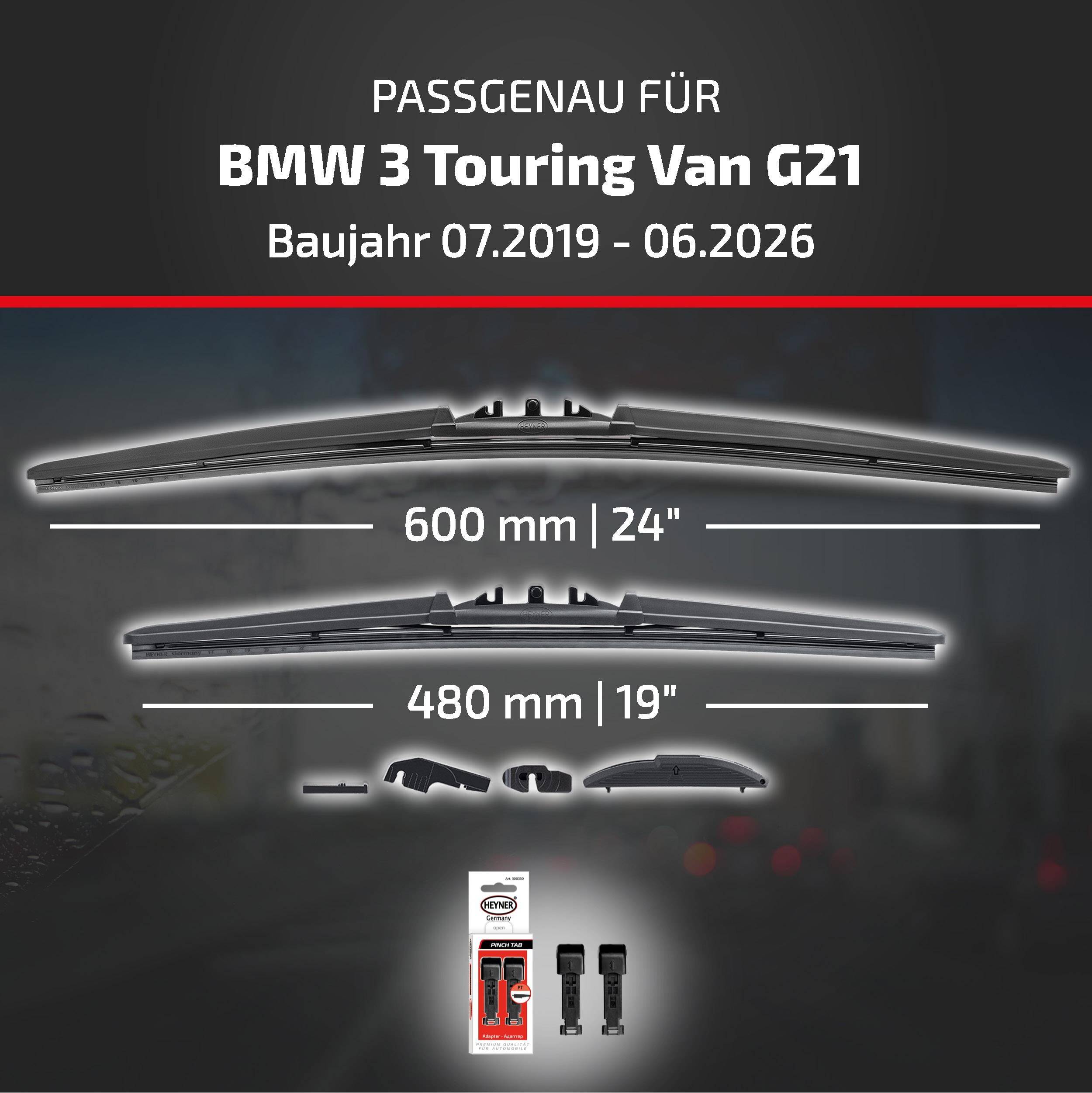 Kompatibilitätsgrafik für BMW 3 Touring Van G21, Modelljahre 07/2019-06/2026, zeigt Wischerblätter in den Größen 600 mm und 480 mm mit mitgelieferten Adaptern.