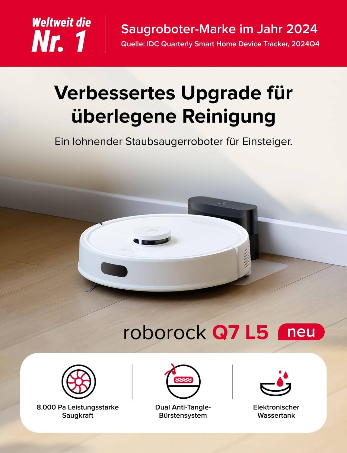 roborock Q7 L5 Saugroboter, Dual Anti-Tangle System, 8.000 Pa HyperForce Saugkraft, Präzise Navigation, Smart No-Go Zone, Einstiegsleistung, Perfekt