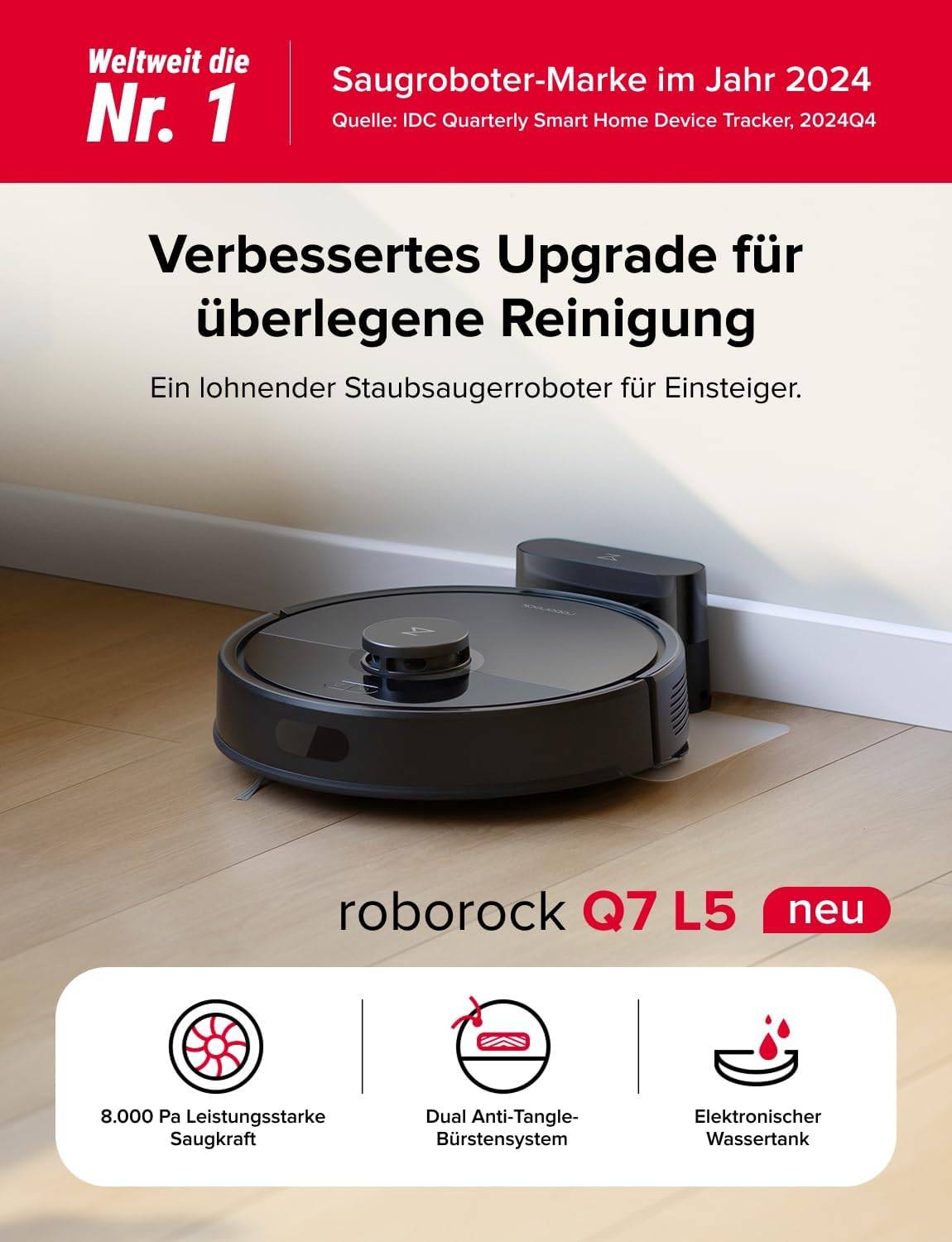 roborock Q7 L5 Saugroboter, Dual Anti-Tangle System, 8.000 Pa HyperForce Saugkraft, Präzise Navigation, Smart No-Go Zone, Einstiegsleistung, Perfekt