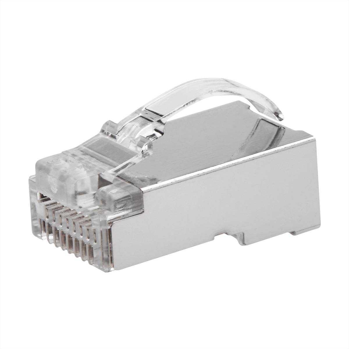 Nahaufnahme eines Ethernet-Kabelsteckers, der einen metallischen RJ45-Netzwerkstecker mit einer durchsichtigen Kunststoffverriegelung zeigt.