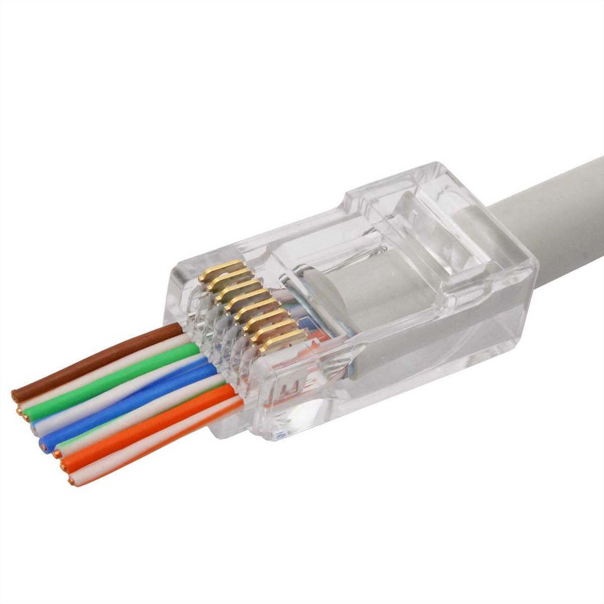 Nahaufnahme eines Ethernet-Kabels mit einem transparenten RJ45-Stecker und freigelegten farbigen Drähten am Ende.