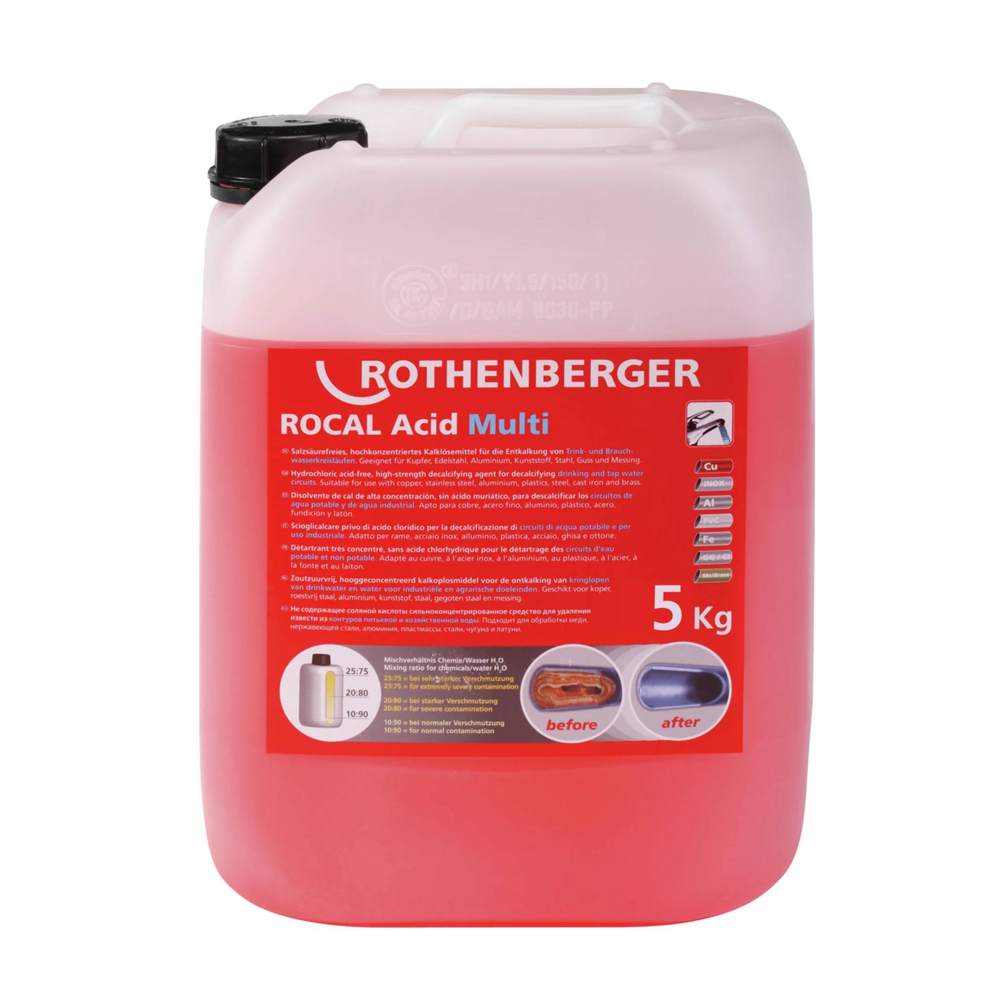 Rote Rothenberger 'ROCAL Acid Multi' 5 kg Reinigungschemikalien-Behälter mit schwarzem Deckel auf weißem Hintergrund.