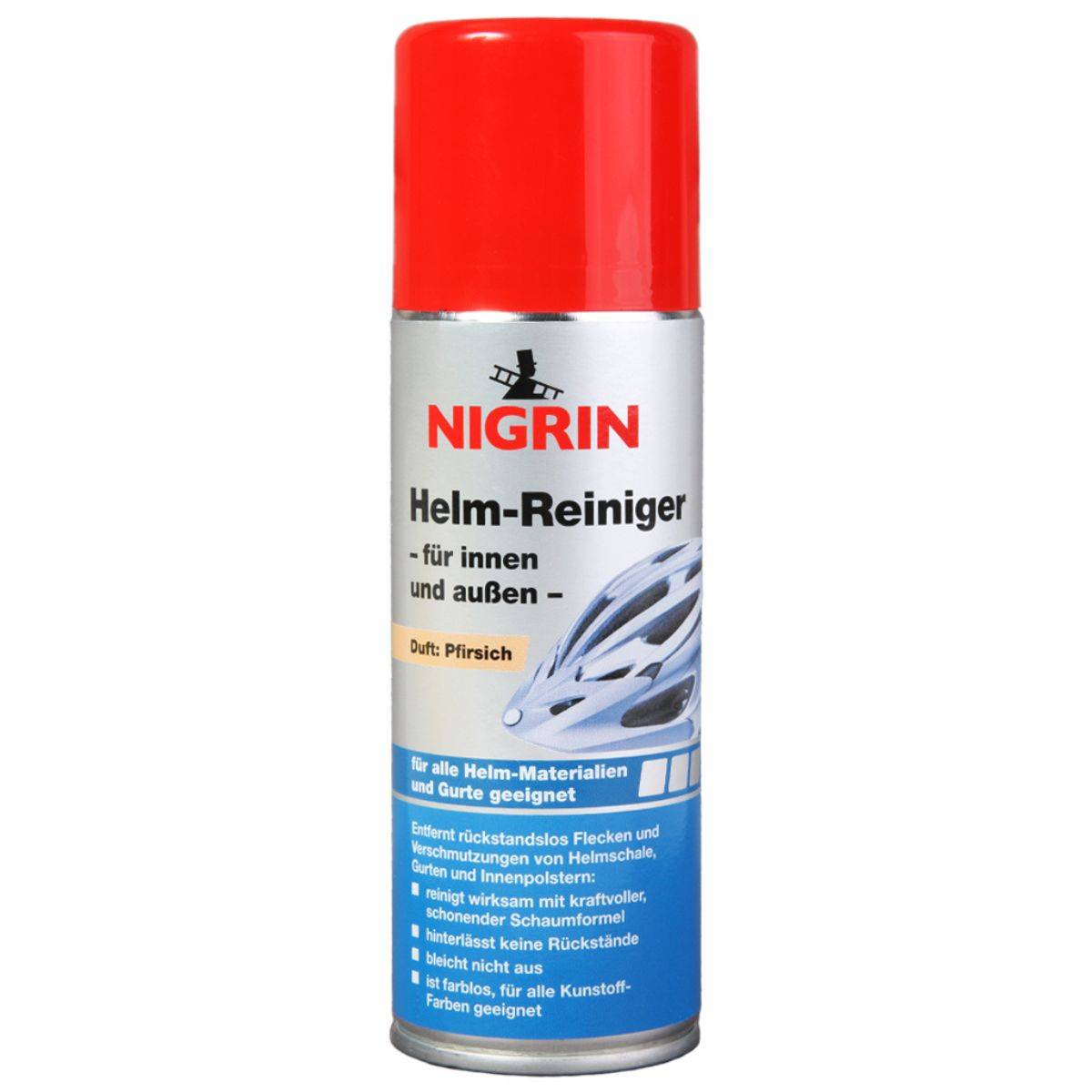 NIGRIN Helmreiniger Spraydose mit roter Kappe, auf Deutsch gekennzeichnet für Innen- und Außenverwendung, „Fruity