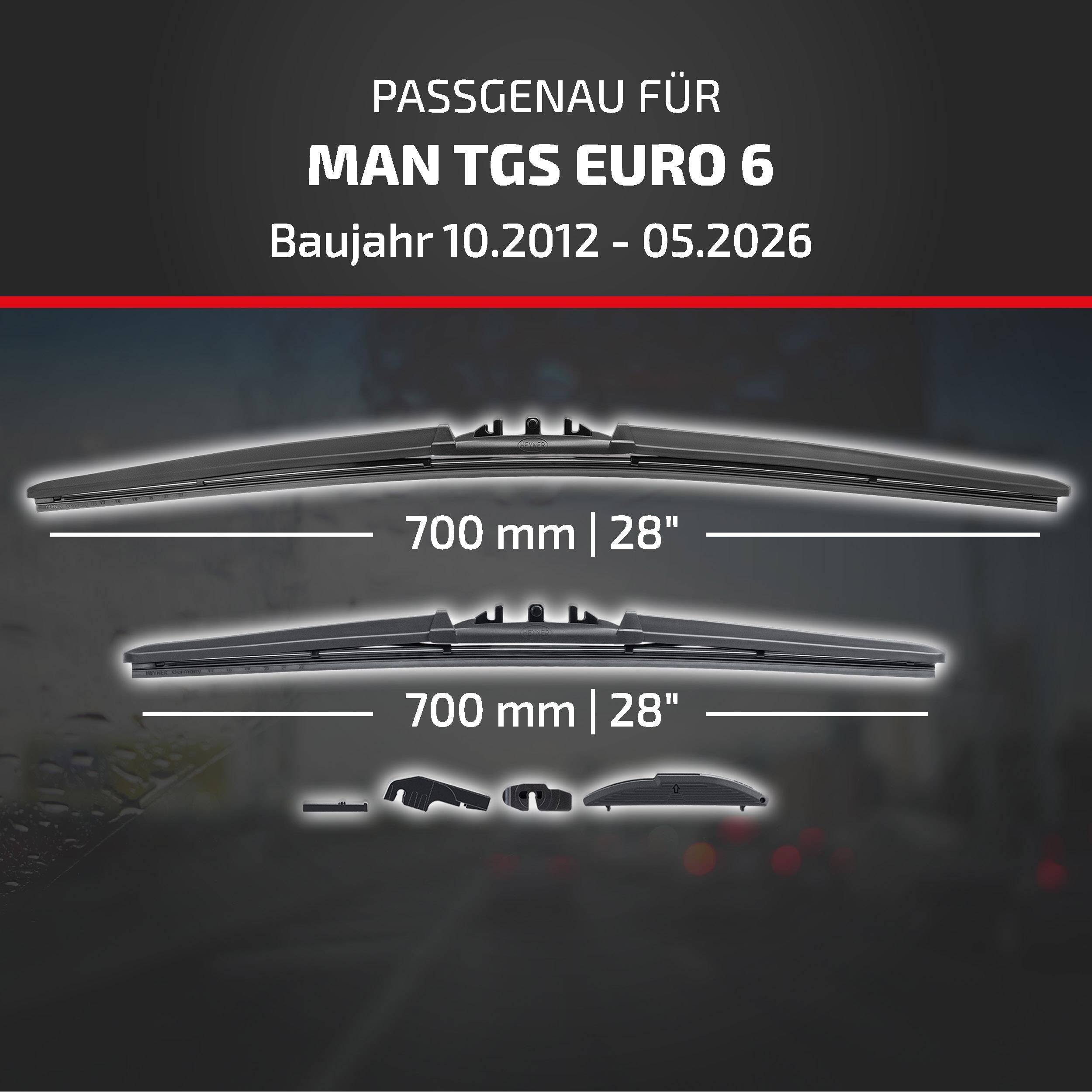 HEYNER® Scheibenwischer für MAN TGS EURO 6 10.2012 - 08.2026, HYBRID Flachbalkenwischer,