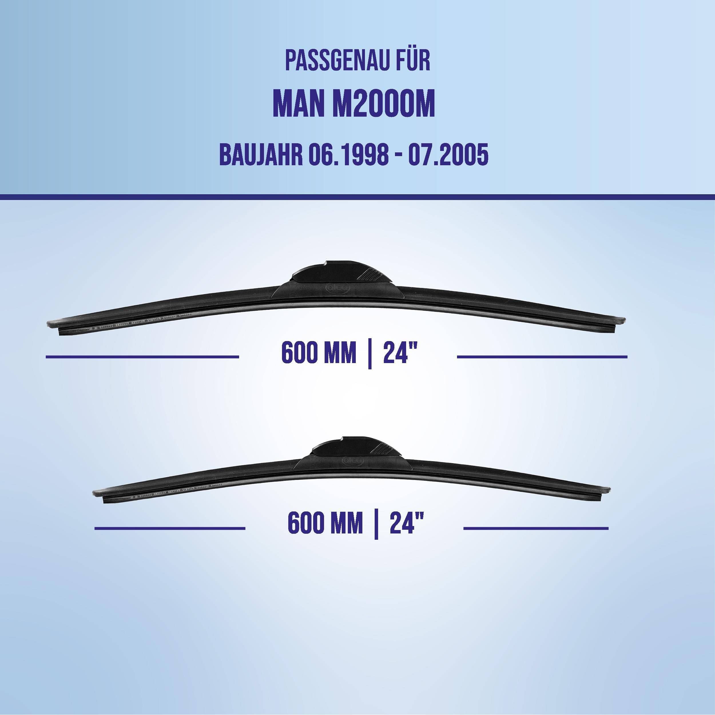 Grafik zeigt eine MAN M2000M Scheibenvischer-Einbauanleitung für 06.1998-07.2005, mit zwei Wischern mit den Maßen 600 mm | 24