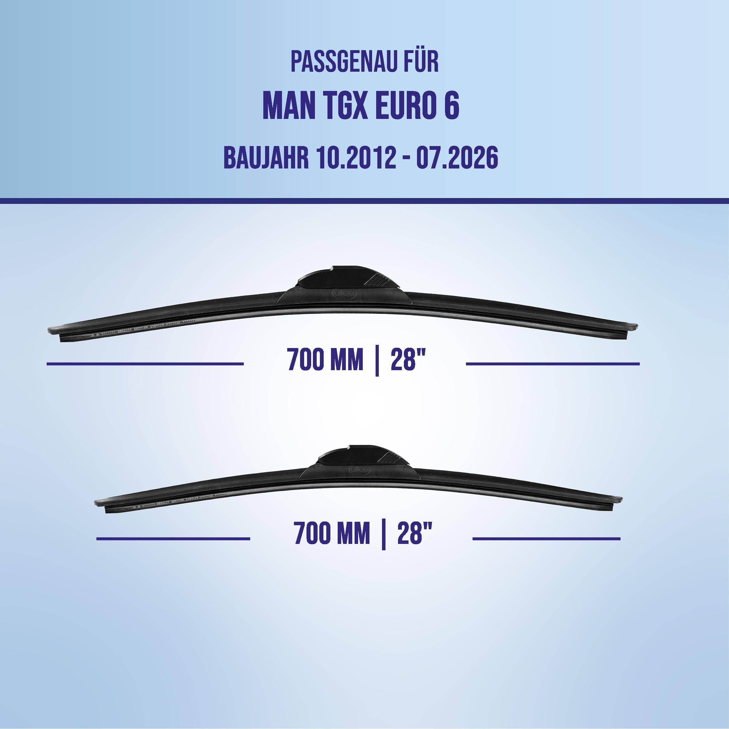 Anzeige für MAN TGX Euro 6 Scheibenwischer, mit Angabe der Kompatibilität für die Modelljahre 10.2012-07.2026 und einer Blattlänge von 700 mm/28 Zoll.