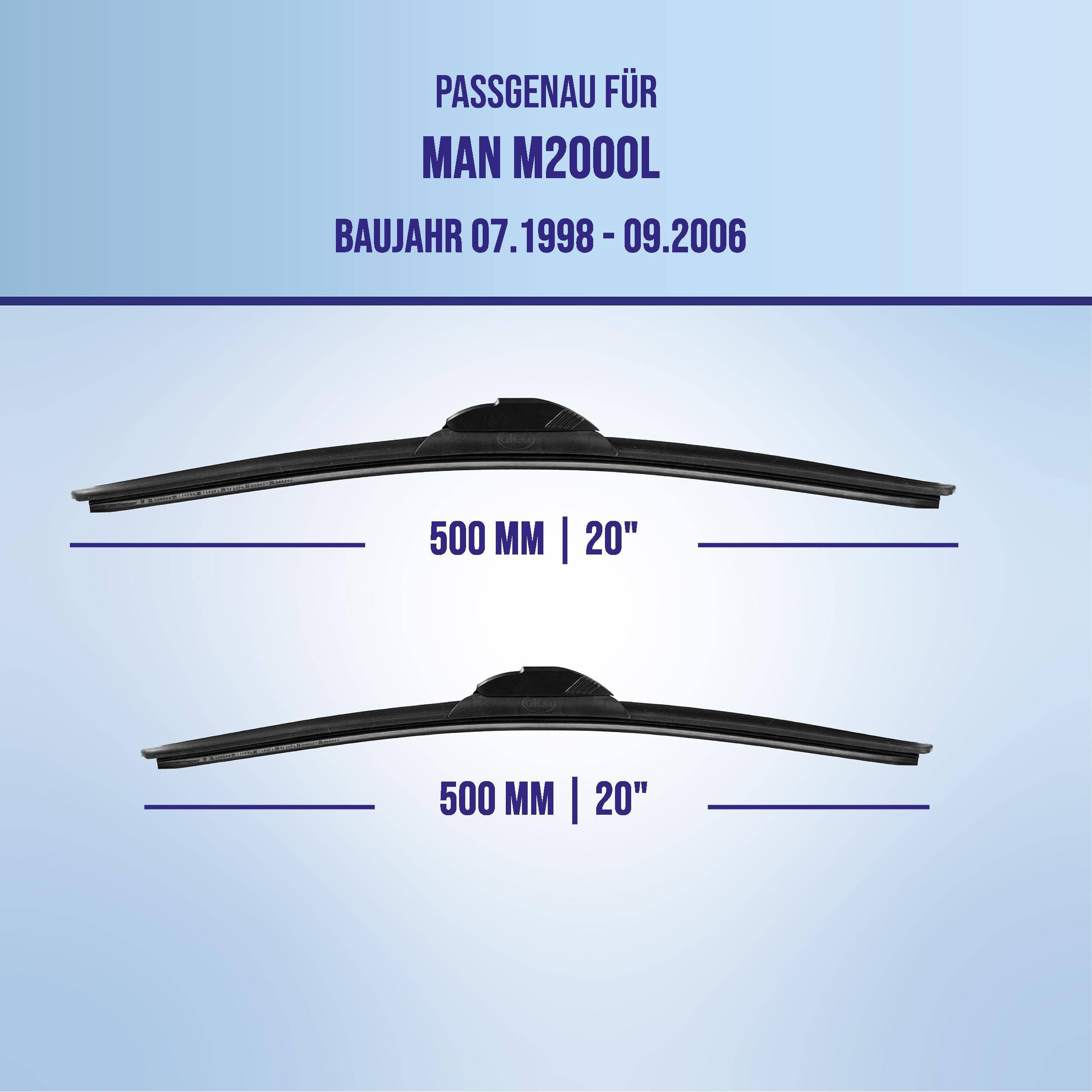 Kompatibilitätsgrafik für MAN M2000L Lastkraftwagen, Baujahre 07.1998-09.2006, zeigt zwei Wischblätter in der Größe 500 mm | 20