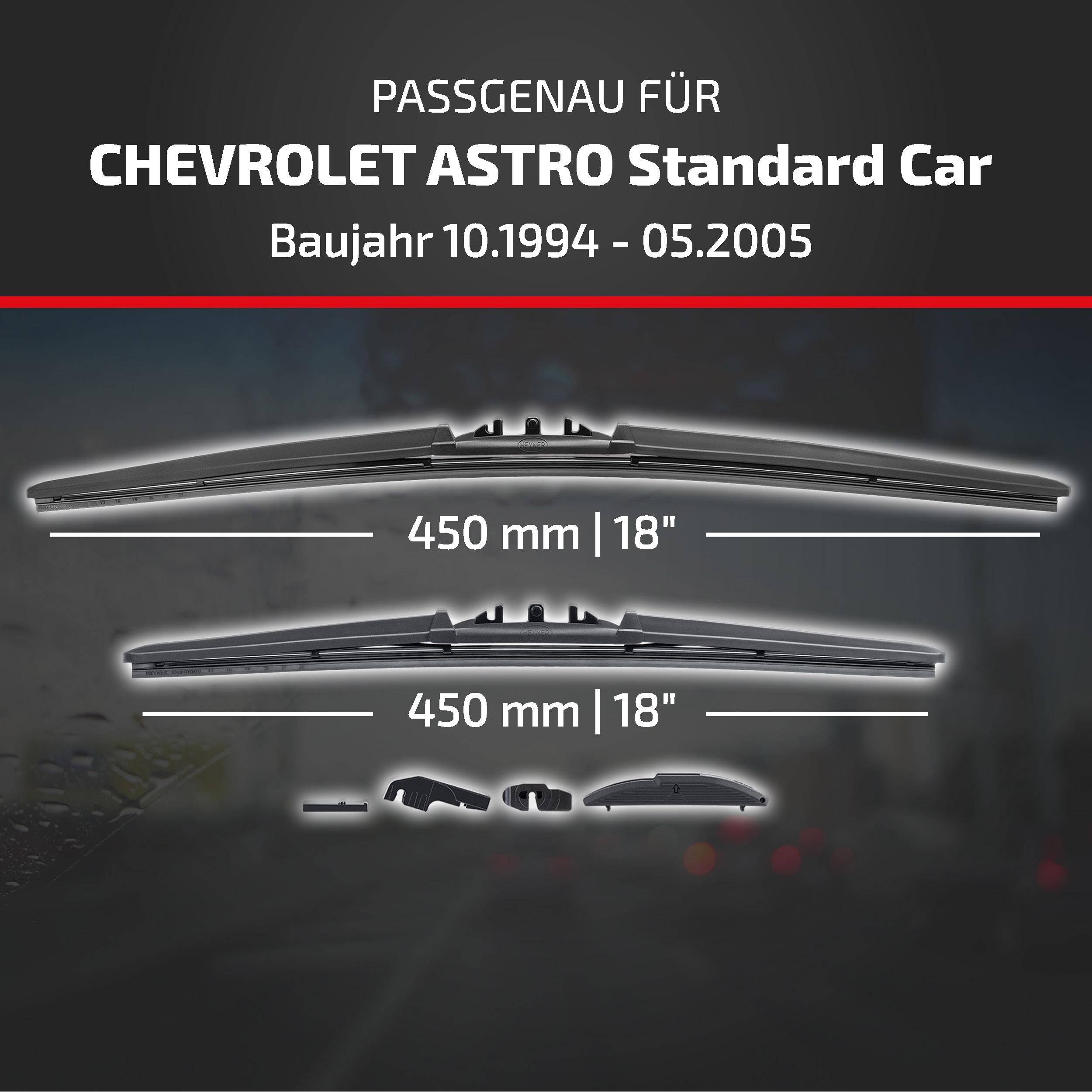 Anzeige für Scheibenwischblätter passend für Chevrolet Astro Standard Car, Modelljahre 10/1994–05/2005, in der Größe 450 mm (18