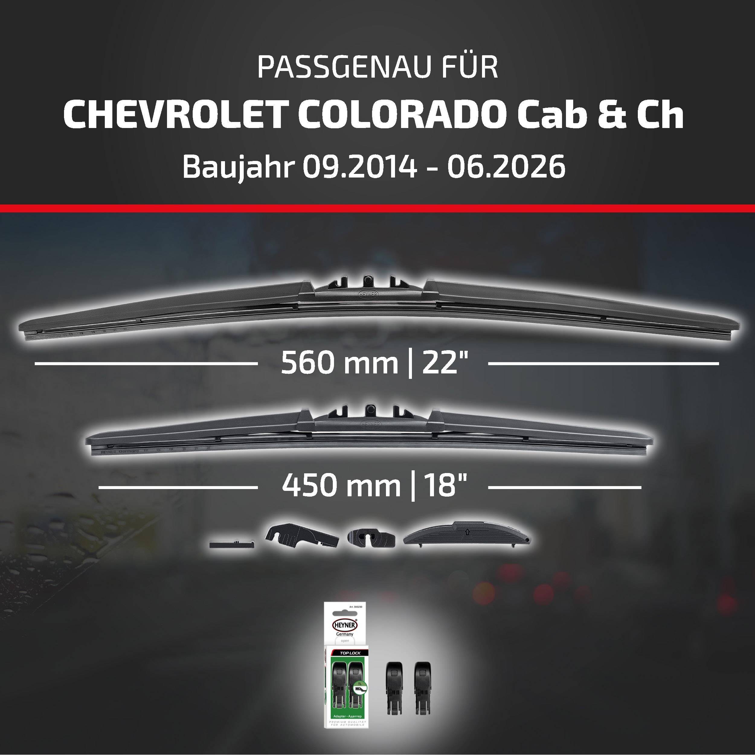 Kompatibilitätsanzeige für Scheibenwischerblätter für Chevrolet Colorado Cab & Ch, Modelljahre 09.2014-06.2026, mit Größen von 560 mm (22