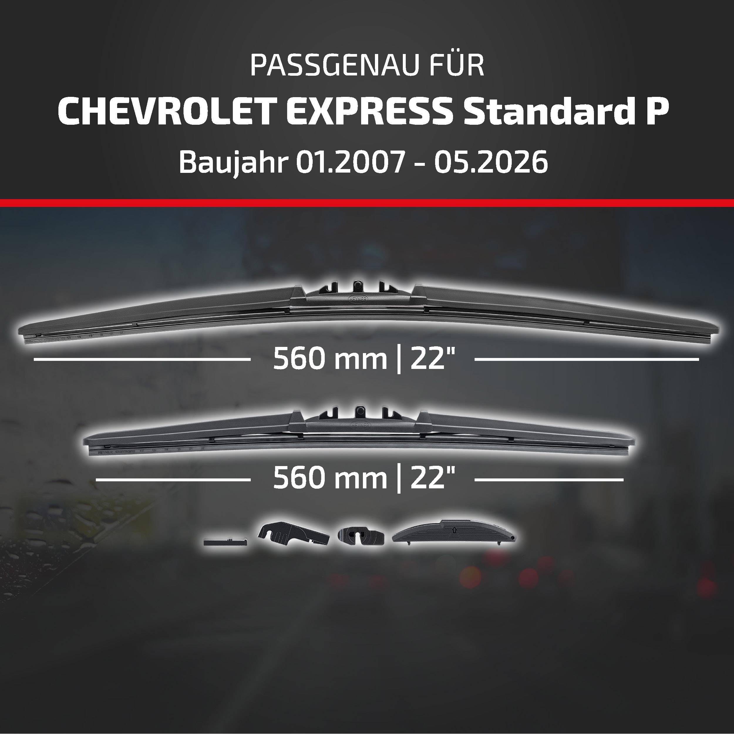 Anzeige für Scheibenwischerblätter kompatibel mit Chevrolet Express Standard P, Modelljahre 01.2007-05.2026, mit 560 mm/22 Zoll Blättern.