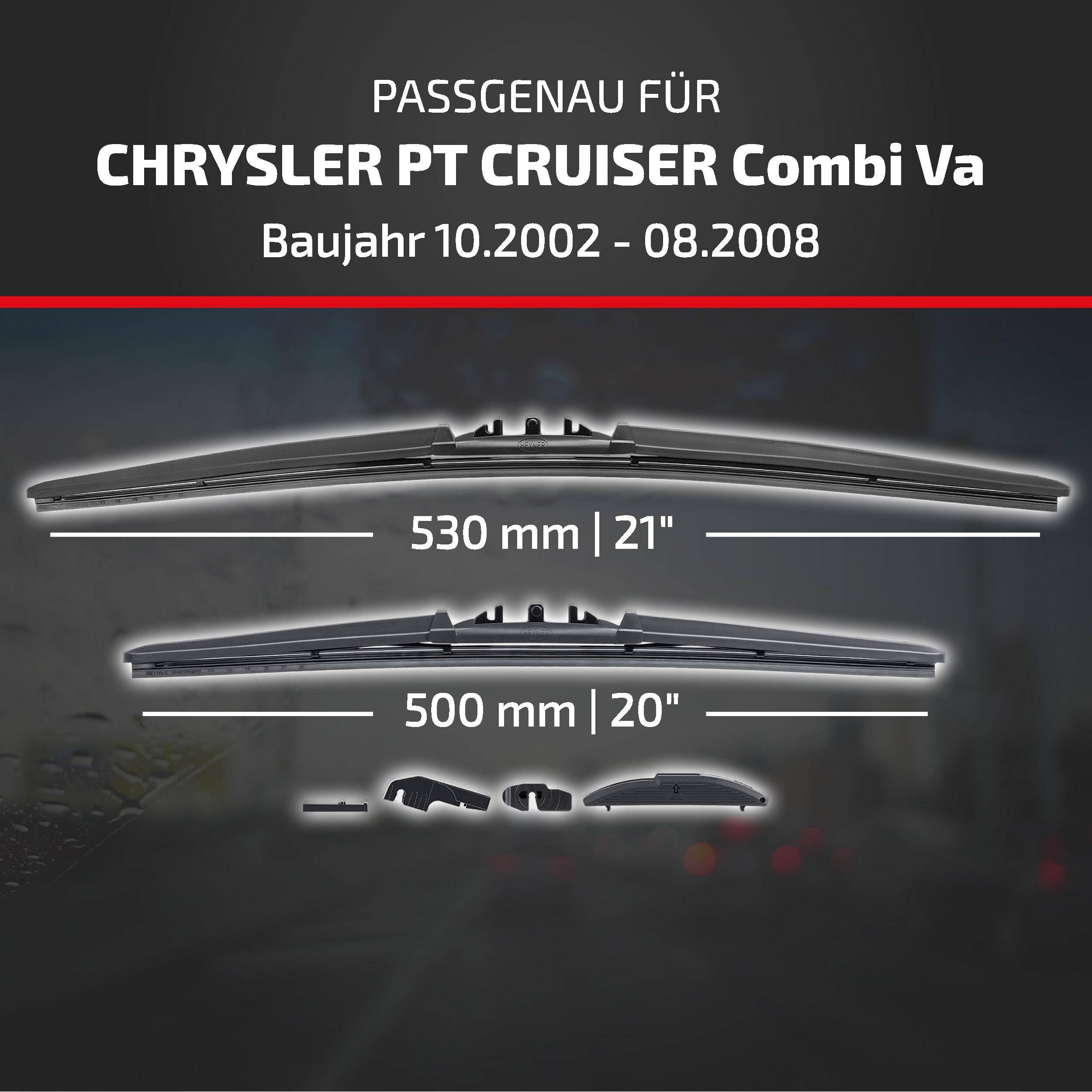Anzeige für Scheibenwischerblätter kompatibel mit Chrysler PT Cruiser Combi Va, Modelljahre 10/2002-08/2008, mit Blattlängen von 530 mm und 500 mm.