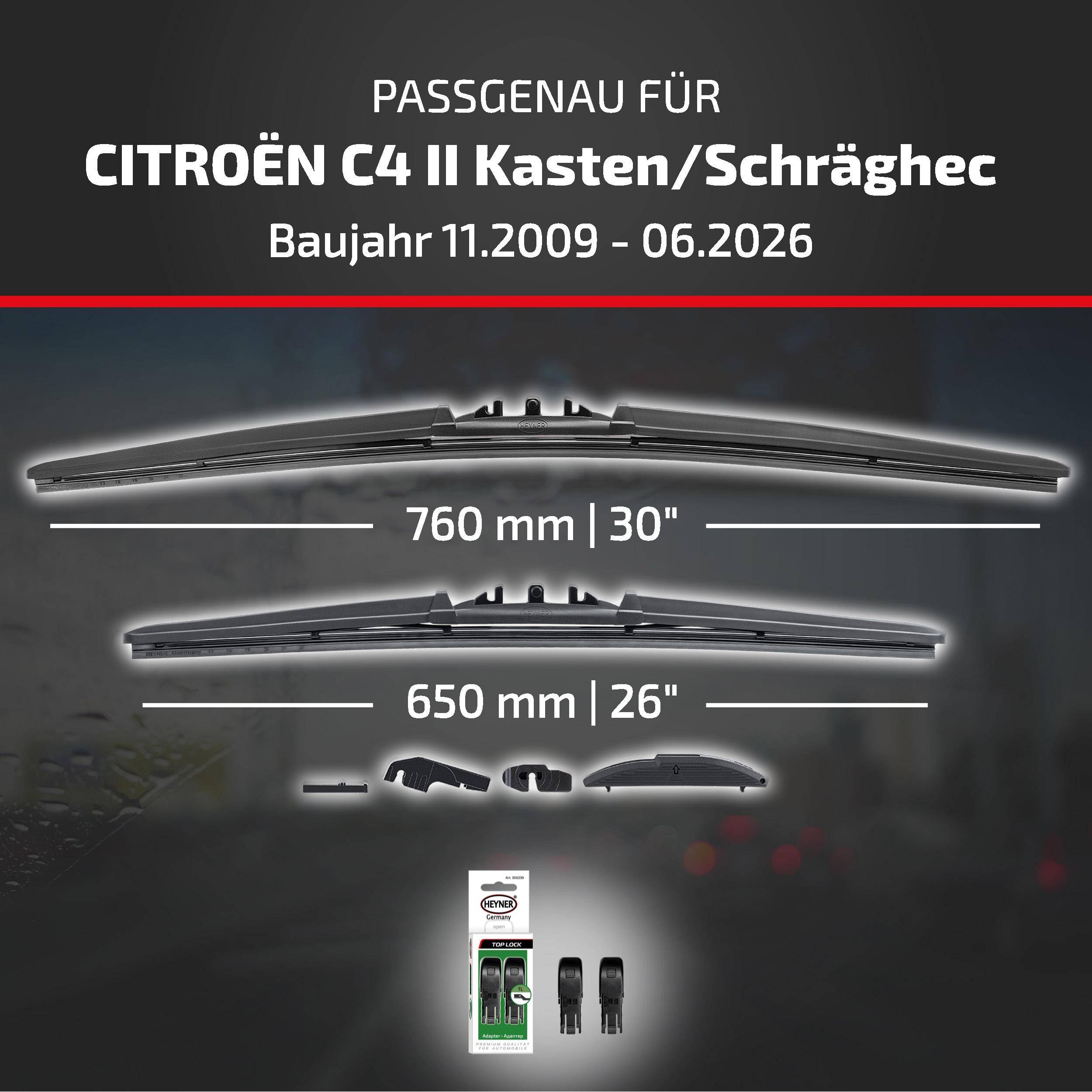 Einbaugrafik für Citroën C4 II Kombi/Schrägheck, Modelljahre 11/2009-06/2026, zeigt zwei Scheibenwischerblatt-Größen: 760 mm (30