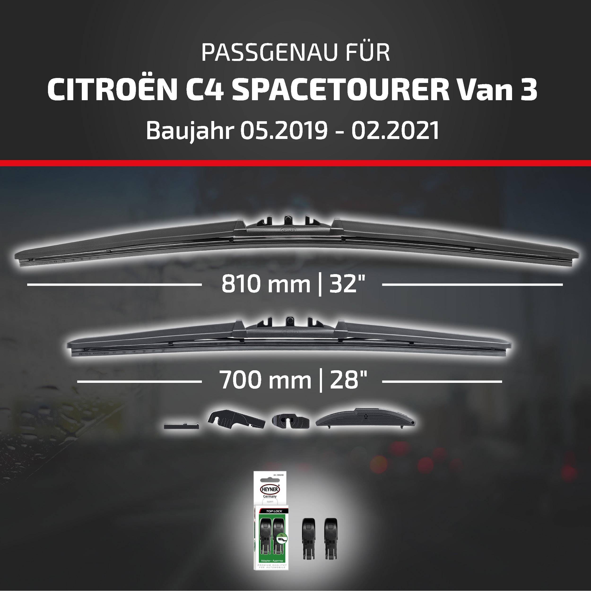 Kompatibilitätsgrafik für Citroën C4 SpaceTourer Van 3 (05/2019-02/2021), zeigt Wischergröße 810 mm/32 Zoll und 700 mm/28 Zoll mit Adapterset.