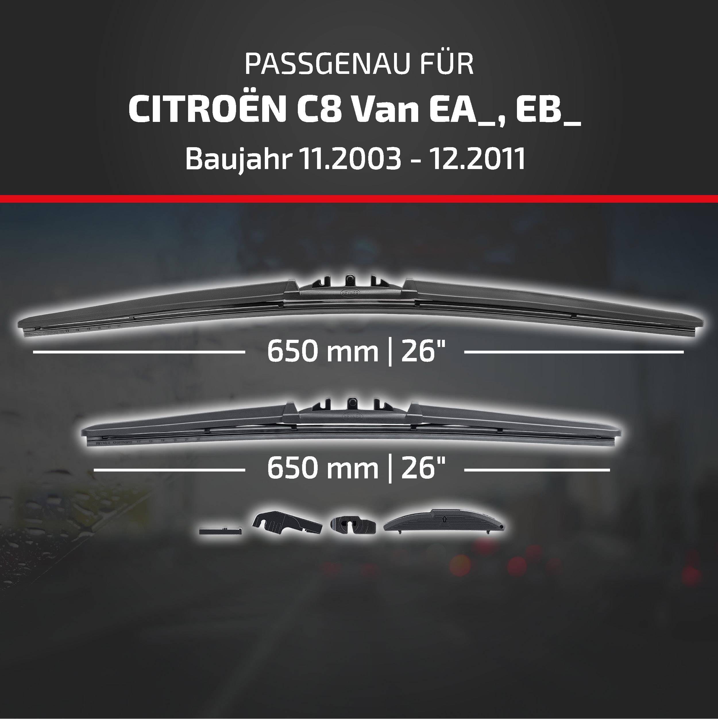 Produktgrafik mit Scheibenwischblättern für Citroën C8 Van EA_/EB_, Modelljahre 11/2003-12/2011, beide 650 mm (26