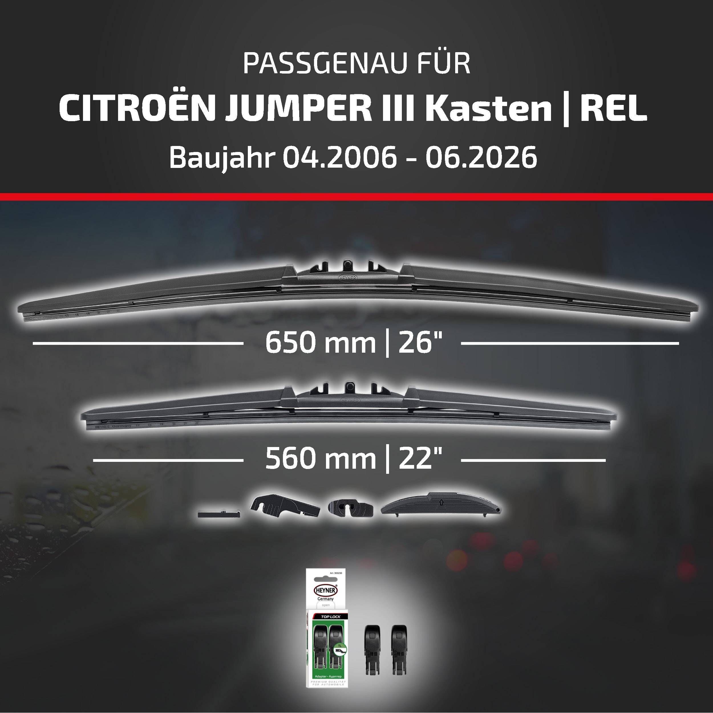 Die Anzeige zeigt kompatible Scheibenwischblätter für Citroën Jumper III Van, Modelljahre 04.2006-06.2026, mit Größen 650 mm und 560 mm sowie enthaltenen Adaptern.