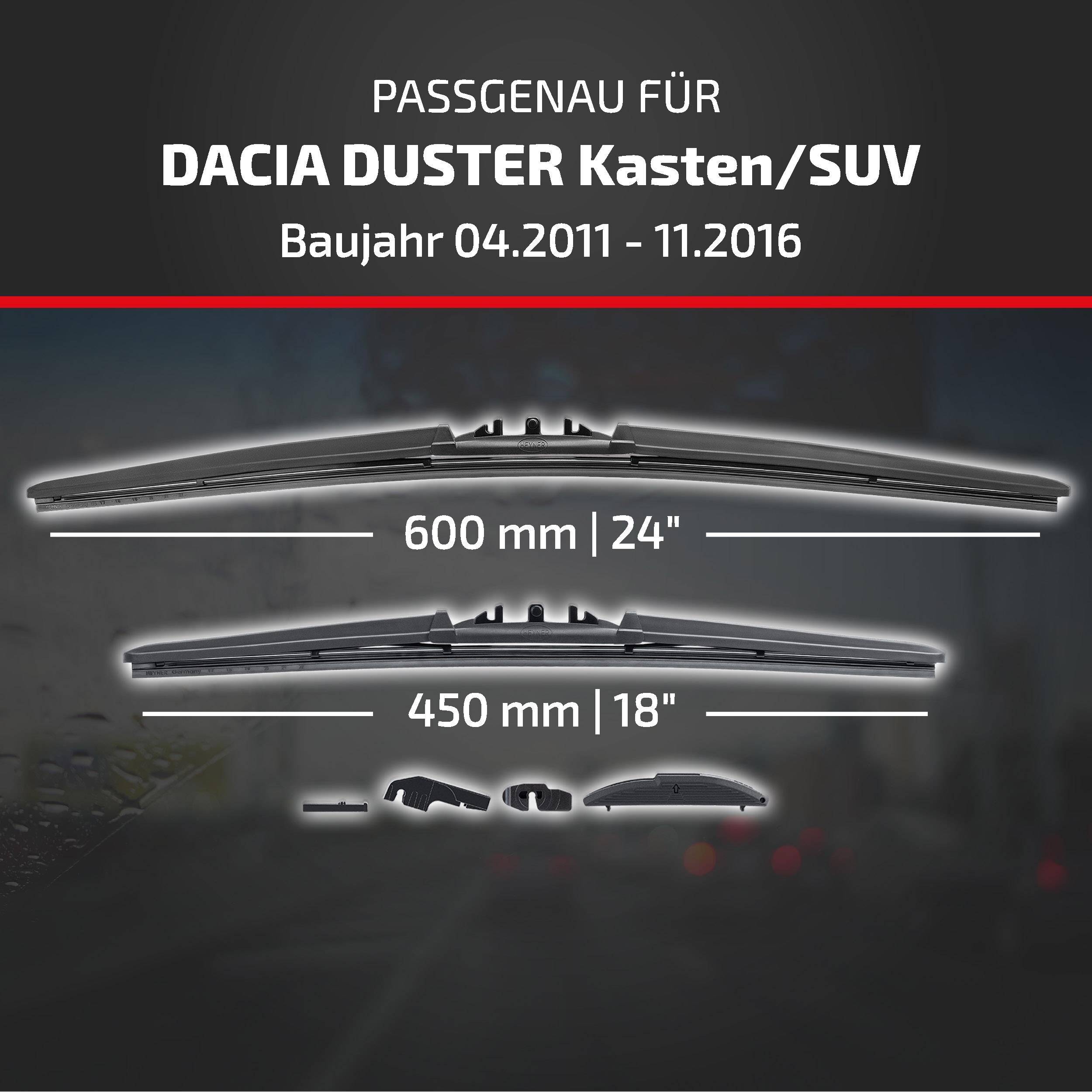 Produktgrafik mit Wischerblattgrößen für Dacia Duster Van/SUV, Modelljahre 04.2011–11.2016: 600 mm (24