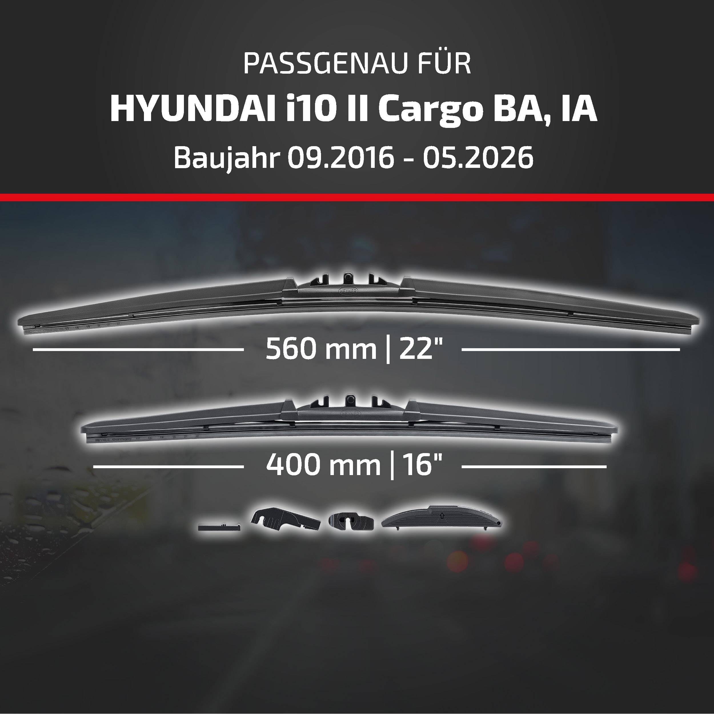 HEYNER® Scheibenwischer für HYUNDAI i10 II Cargo 09.2016 - 08.2026, HYBRID Flachbalkenwischer,