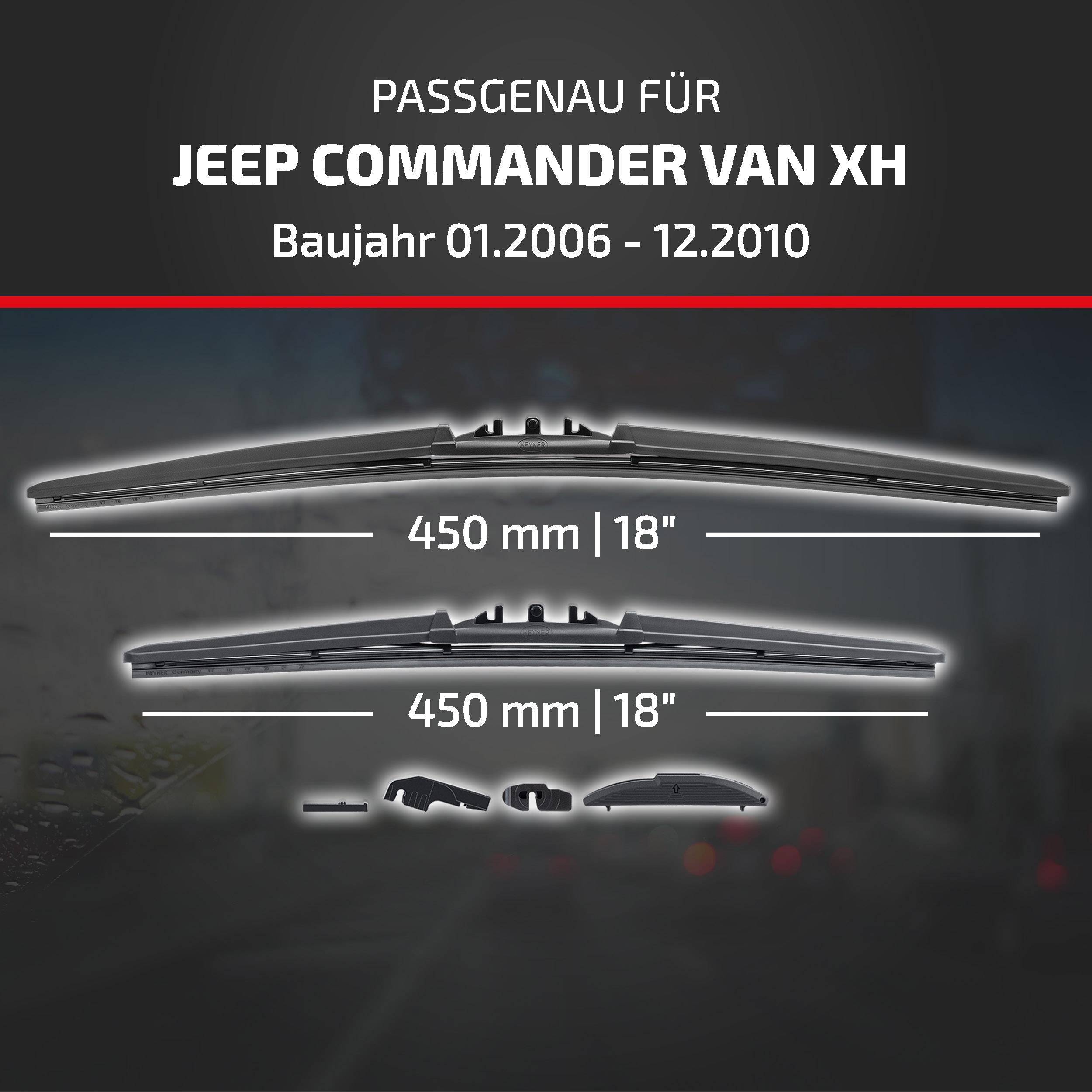 Produktpassführer für Jeep Commander Van XH, Modelljahre 01/2006-12/2010, zeigt zwei 450-mm-Wischerblätter (18 Zoll) und Adapterstücke.