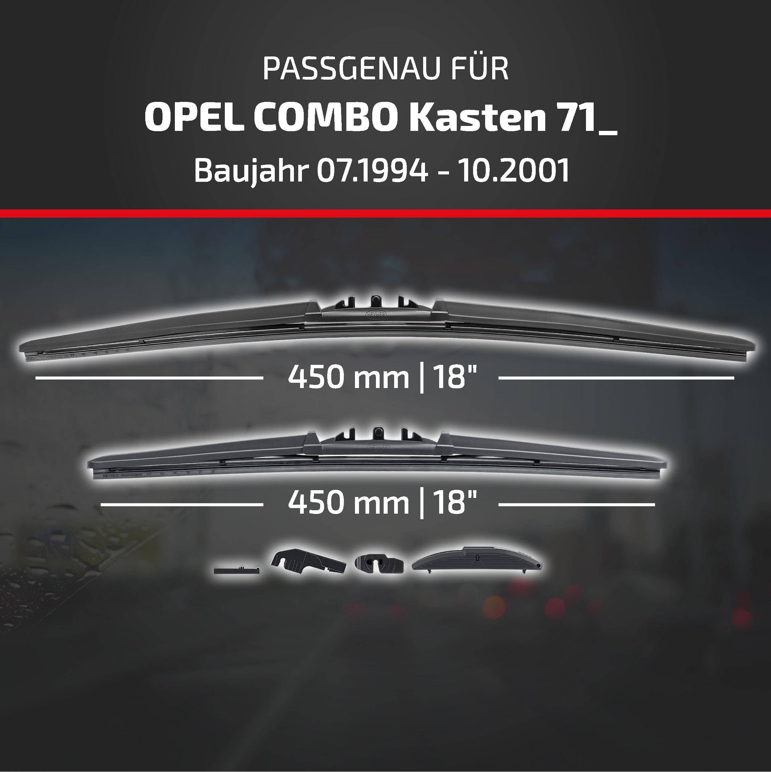 Produktbild zeigt Scheibenwischer kompatibel mit Opel Combo Kasten 71, Modelljahre 07/1994-10/2001; beide sind 450 mm (18