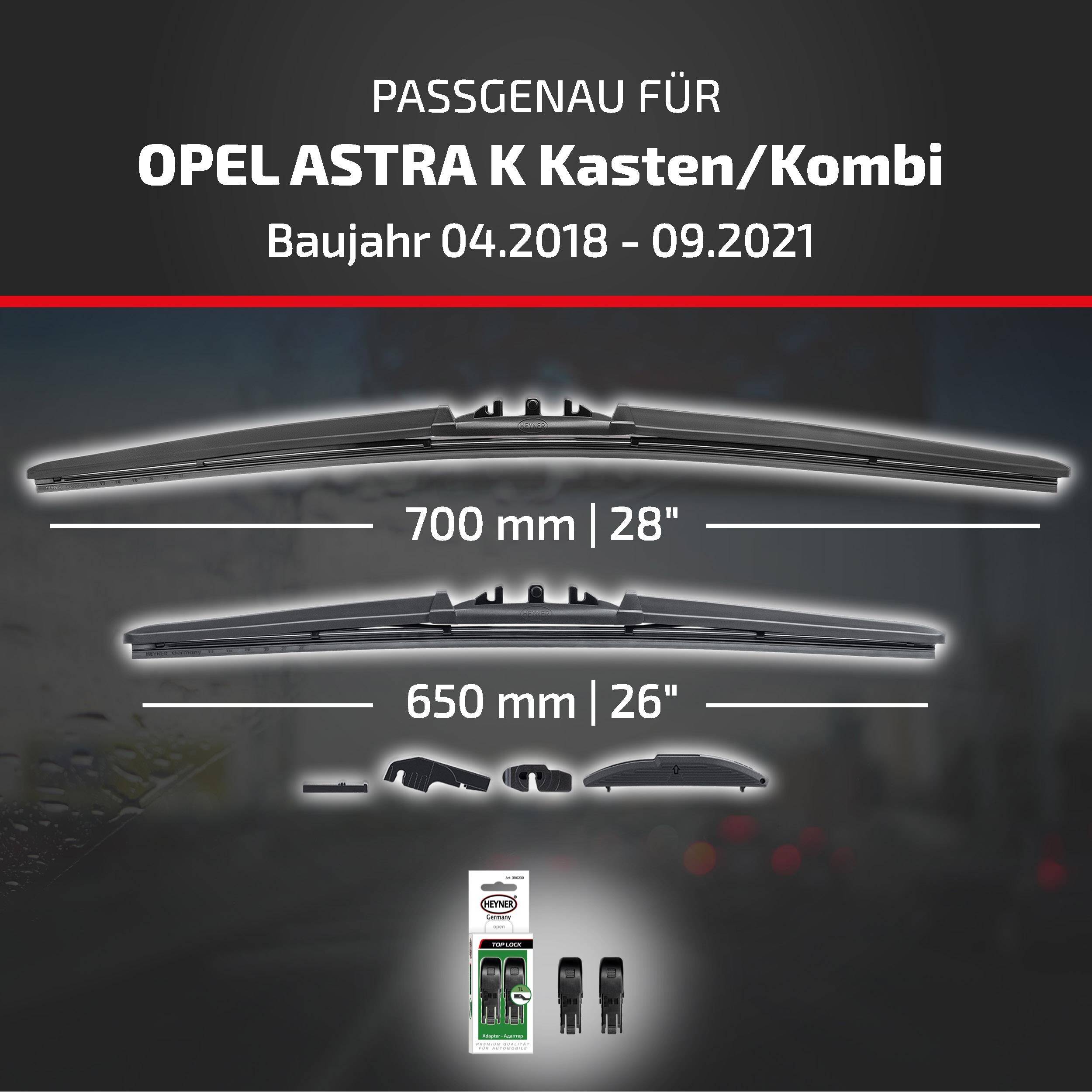 Produktgrafik mit Scheibenwischern passend für Opel Astra K Kasten/Kombi, Modelljahre 04.2018-09.2021, mit Größen 700 mm und 650 mm und beigefügten Adaptern.
