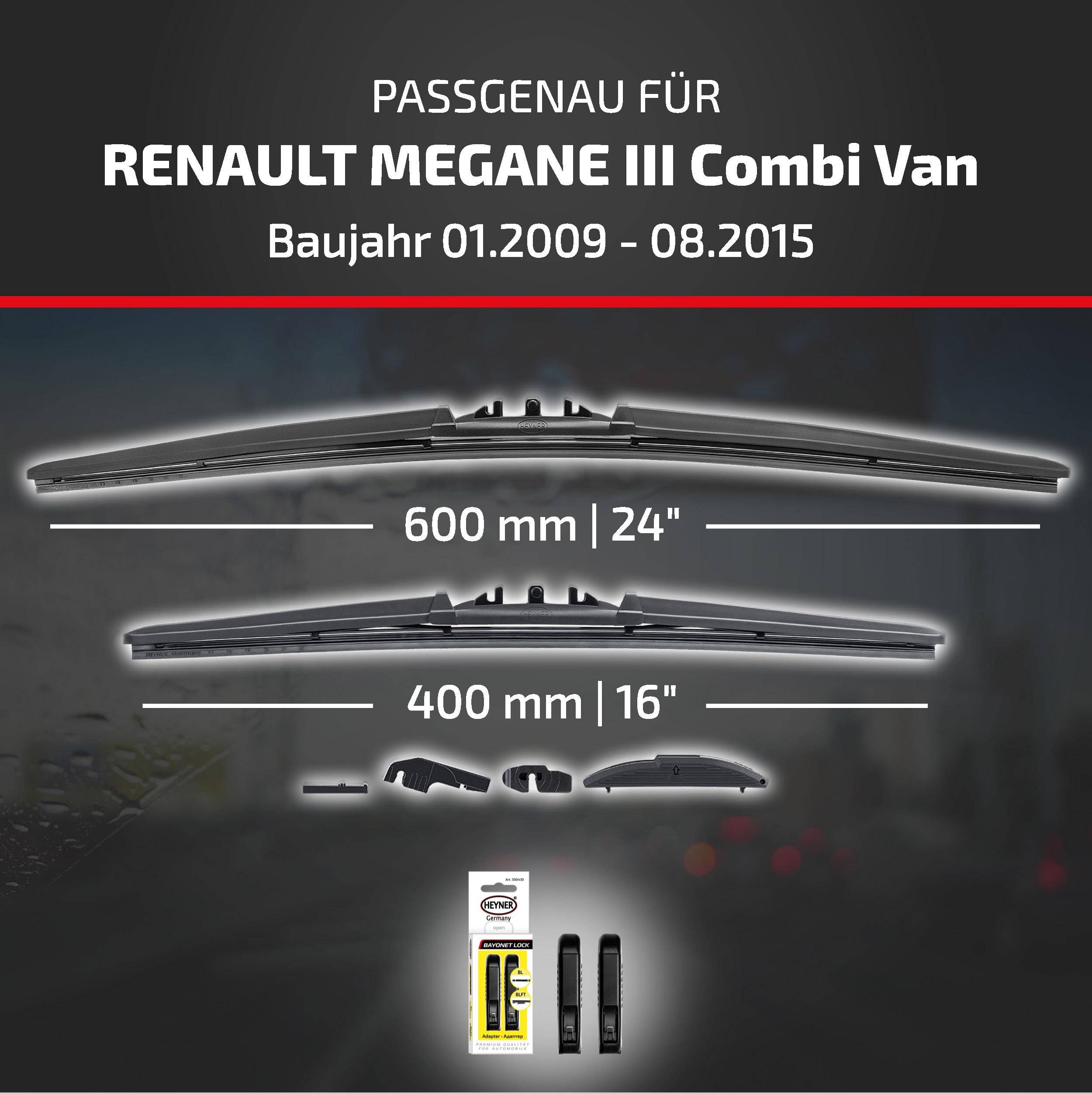 Anzeige für kompatible Wischerblätter für Renault Megane III Combi Van, Modelljahre 01.2009–08.2015, mit den Größen 600 mm/24