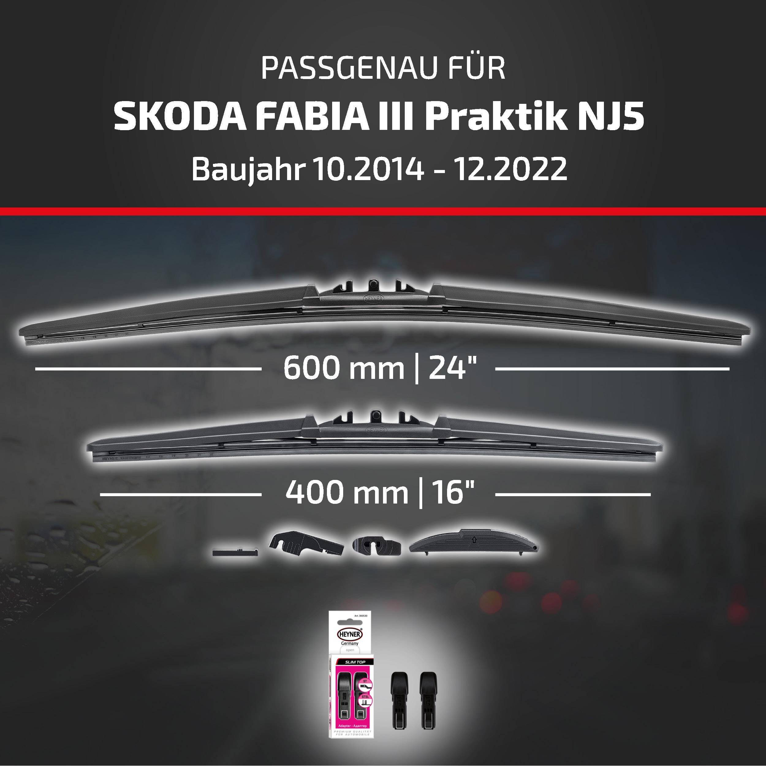 Kompatibilitätsgrafik für Skoda Fabia III Schrägheck (10/2014-12/2022), zeigt Wischblattgrößen 600 mm/24