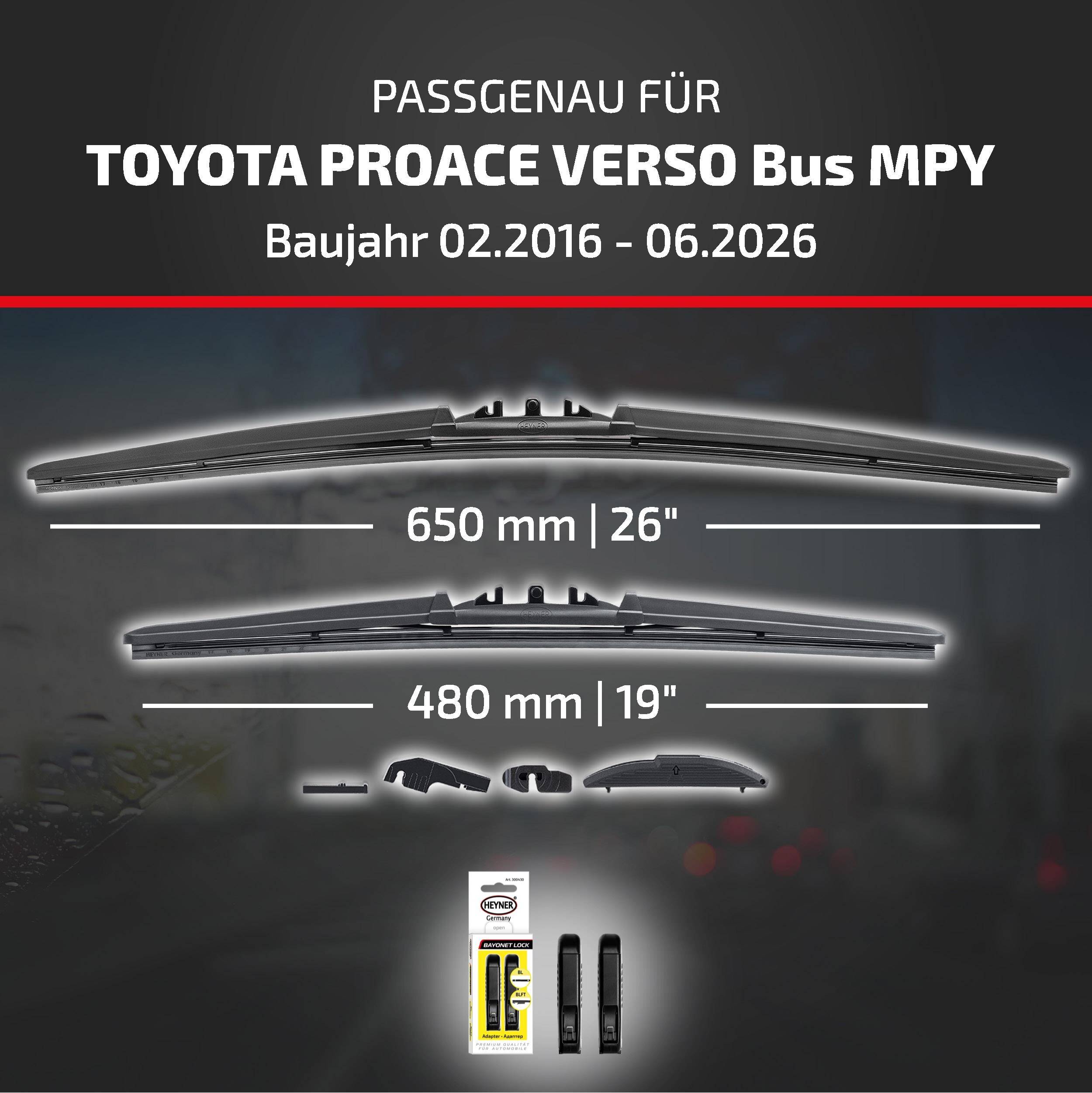 HEYNER® Scheibenwischer für TOYOTA PROACE VERSO Bus 02.2016 - 08.2026, HYBRID Flachbalkenwischer,