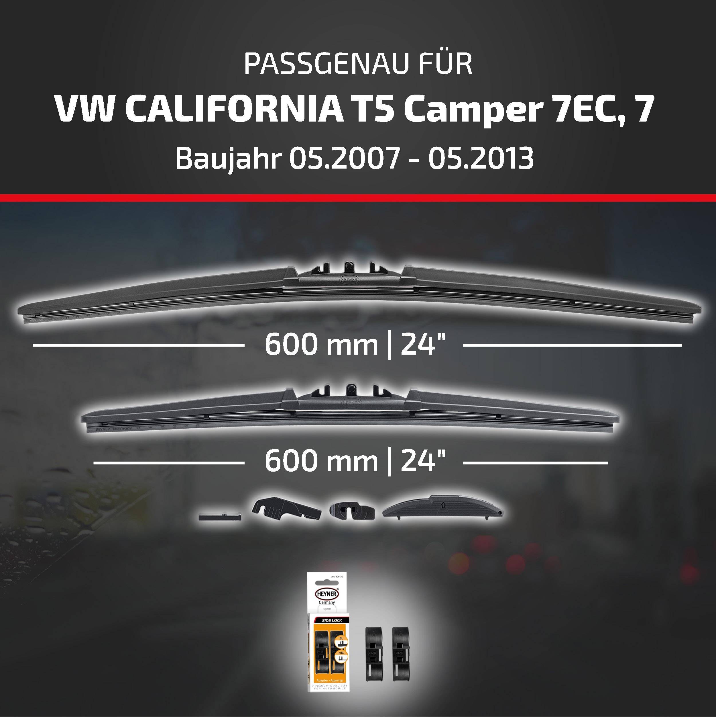 Produktgrafik zeigt Scheibenwischer für VW California T5 Camper 7EC,7; passt für Modelljahre 05.2007-05.2013; zwei Blätter mit den Bezeichnungen 600 mm/24