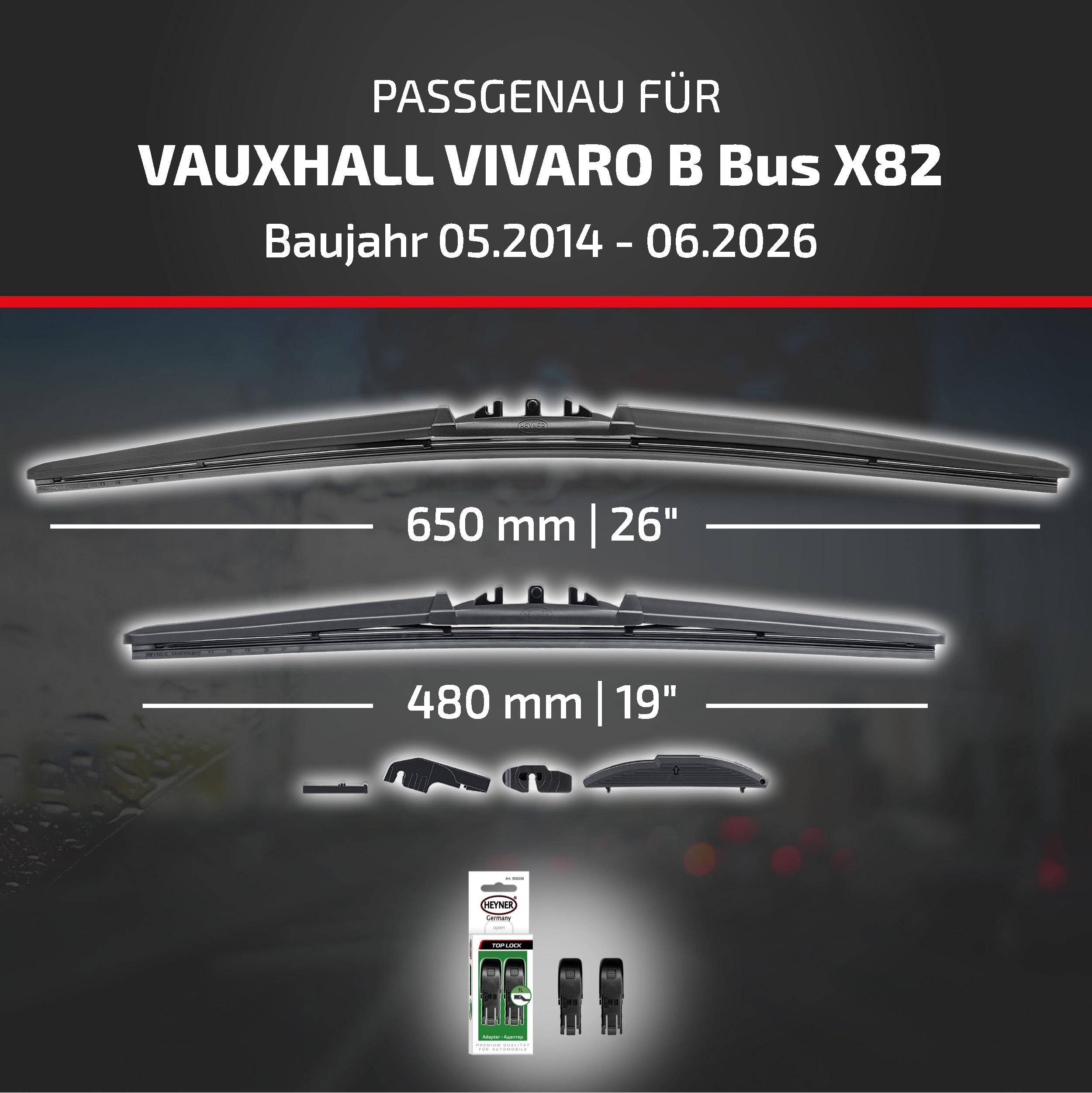 HEYNER® Scheibenwischer für VAUXHALL VIVARO B Bus 05.2014 - 08.2026, HYBRID Flachbalkenwischer,