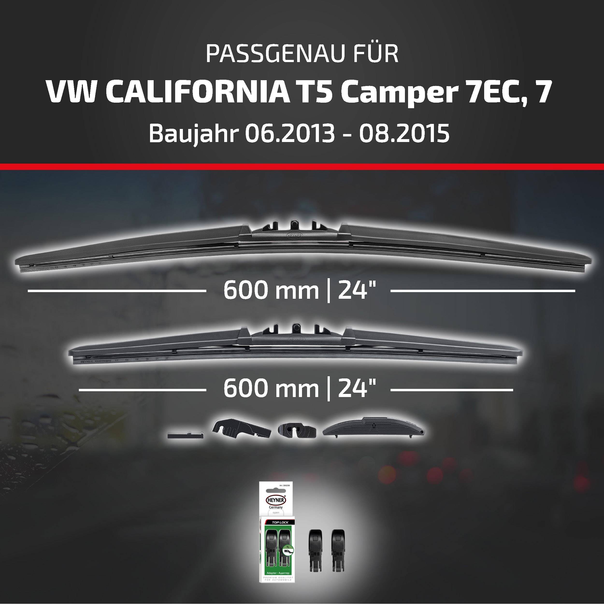 Kompatibilitätsgrafik für VW California T5 Camper 7EC, 7, Modelljahre 06.2013-08.2015, zeigt zwei 600 mm (24) Wischerblätter und enthaltene Adapter-Teile.