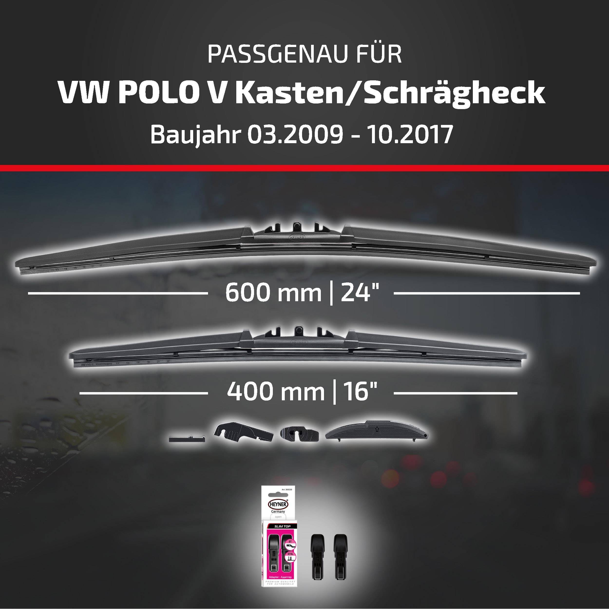 Kompatibilitätsgrafik für VW Polo V Schrägheck/Kombi, Modelljahre 03.2009-10.2017, zeigt Wischblattgrößen 600 mm (24