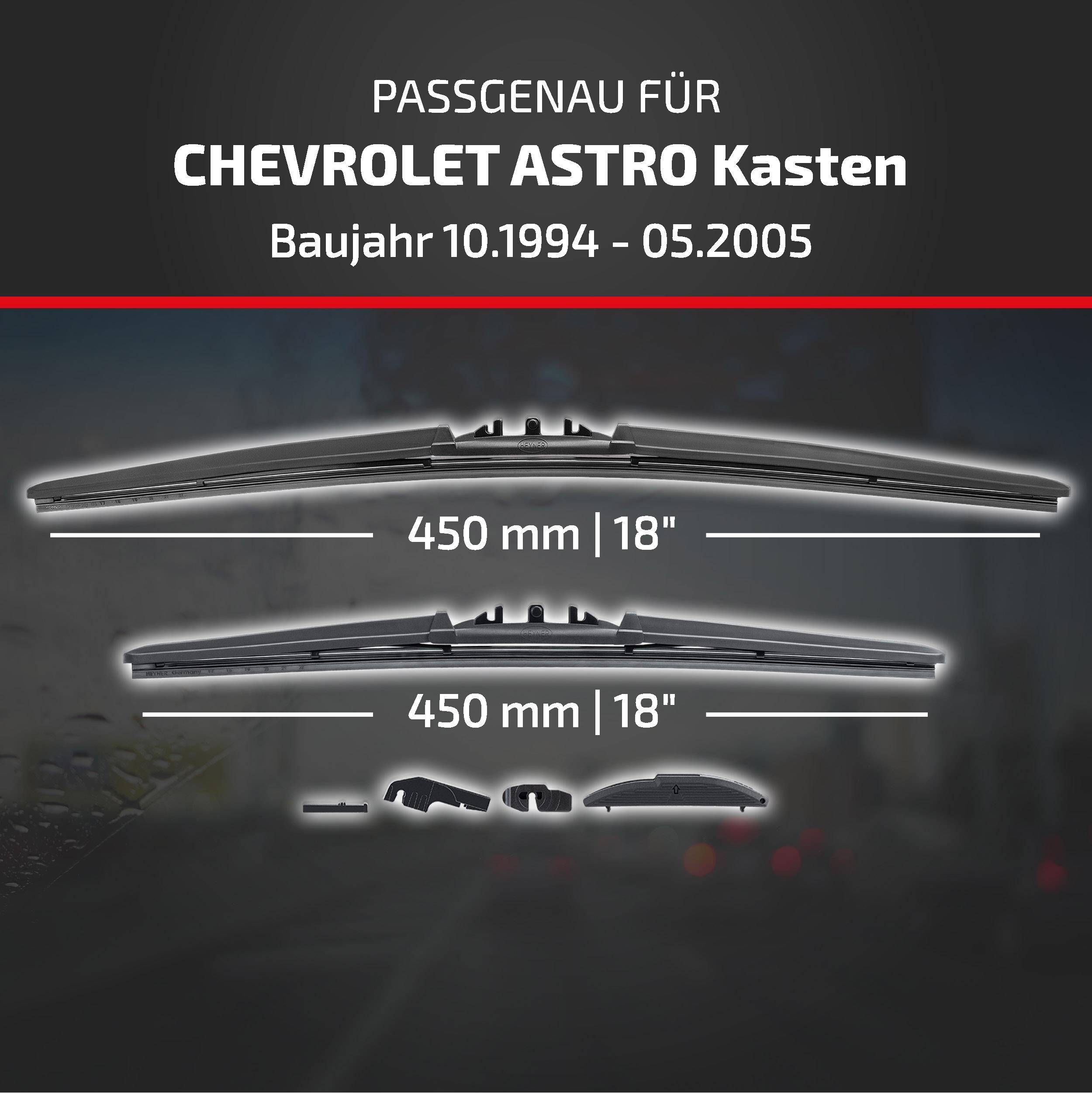 Produktgrafik mit Scheibenwischerblättern für Chevrolet Astro Van, Modelljahre 10/1994-05/2005, beide 450 mm (18