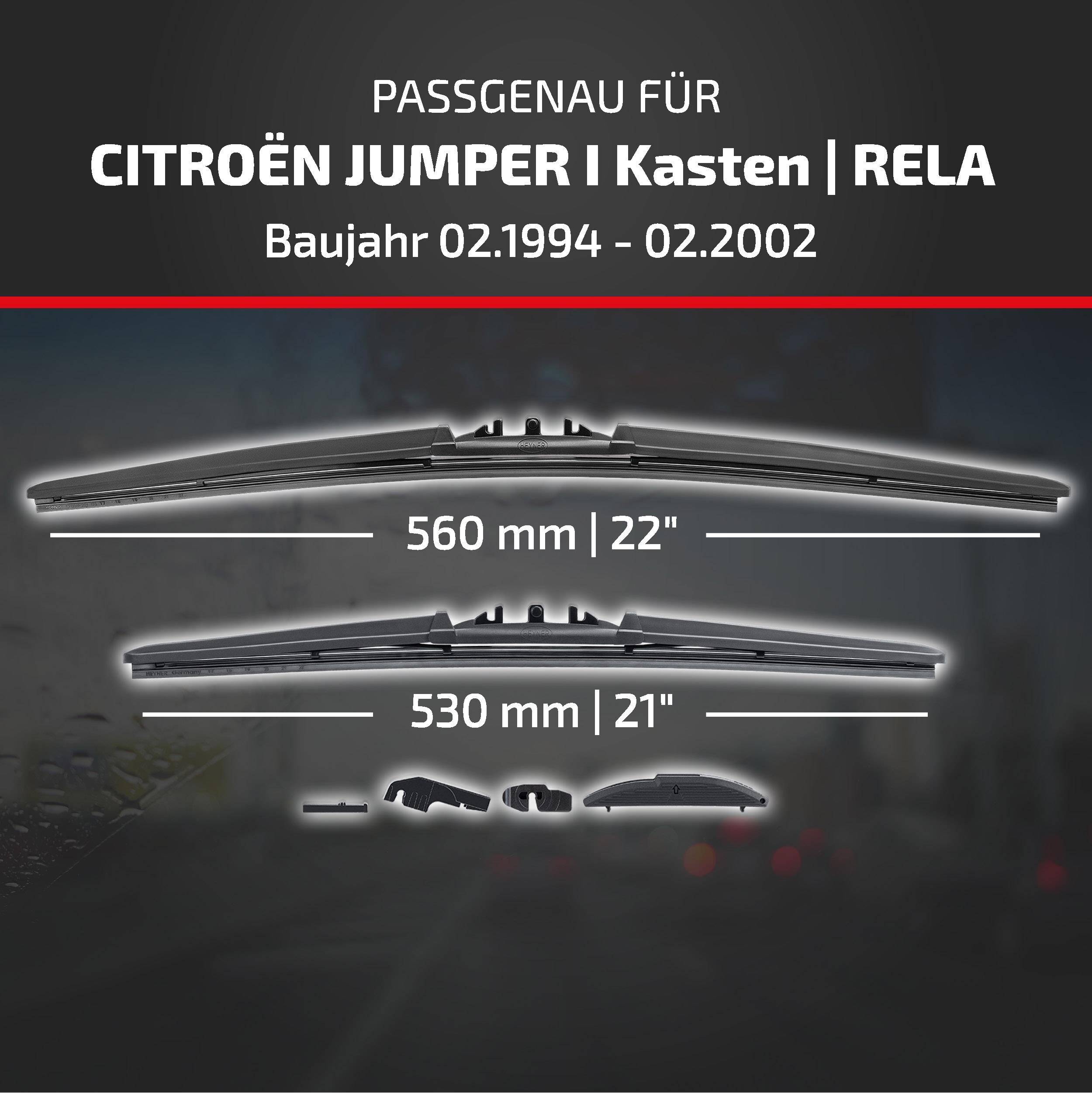 Werbegrafik mit kompatiblen Wischerblättern für Citroën Jumper I Kasten/Rela, Modelljahre 02.1994-02.2002, mit Größen 560 mm und 530 mm.