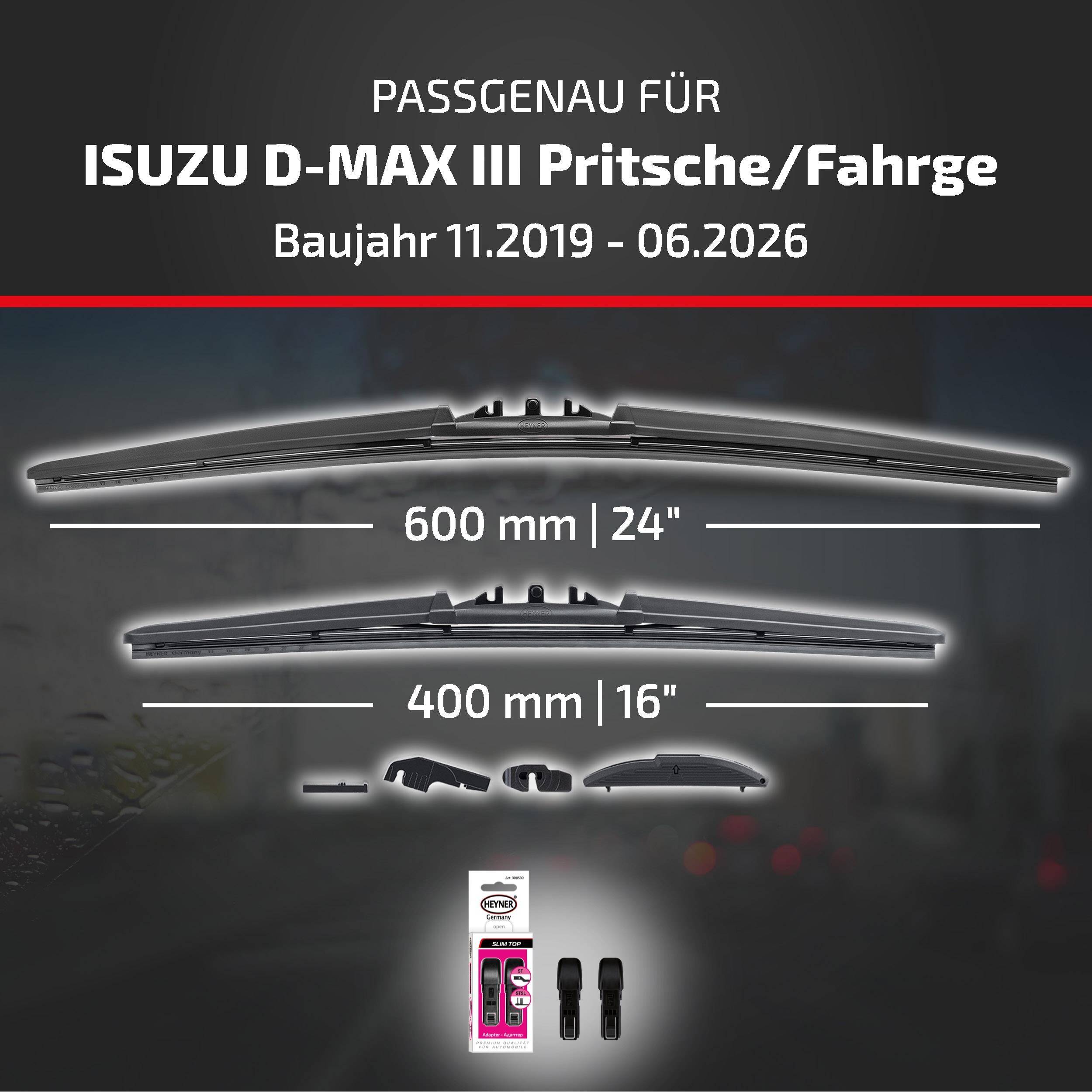 Kompatibilitätsgrafik für ISUZU D-MAX III Pickup/Kabine, Modelljahre 11/2019-06/2026, zeigt Wischerblattgrößen 600 mm (24