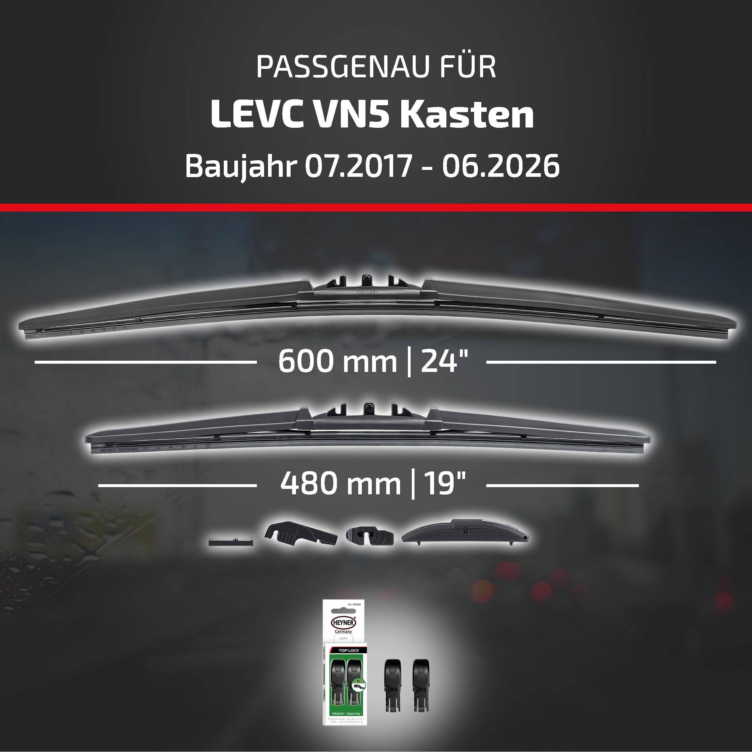 HEYNER® Scheibenwischer für LEVC VN5 Kasten (07.2017 - 08.2026) HYBRID Flachbalkenwischer